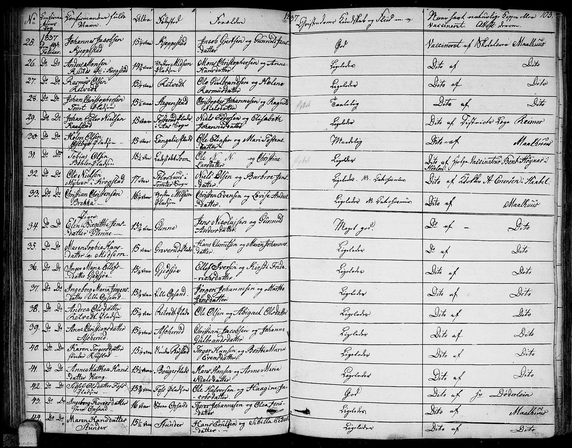 Kråkstad prestekontor Kirkebøker, AV/SAO-A-10125a/F/Fa/L0004: Ministerialbok nr. I 4, 1825-1837, s. 103