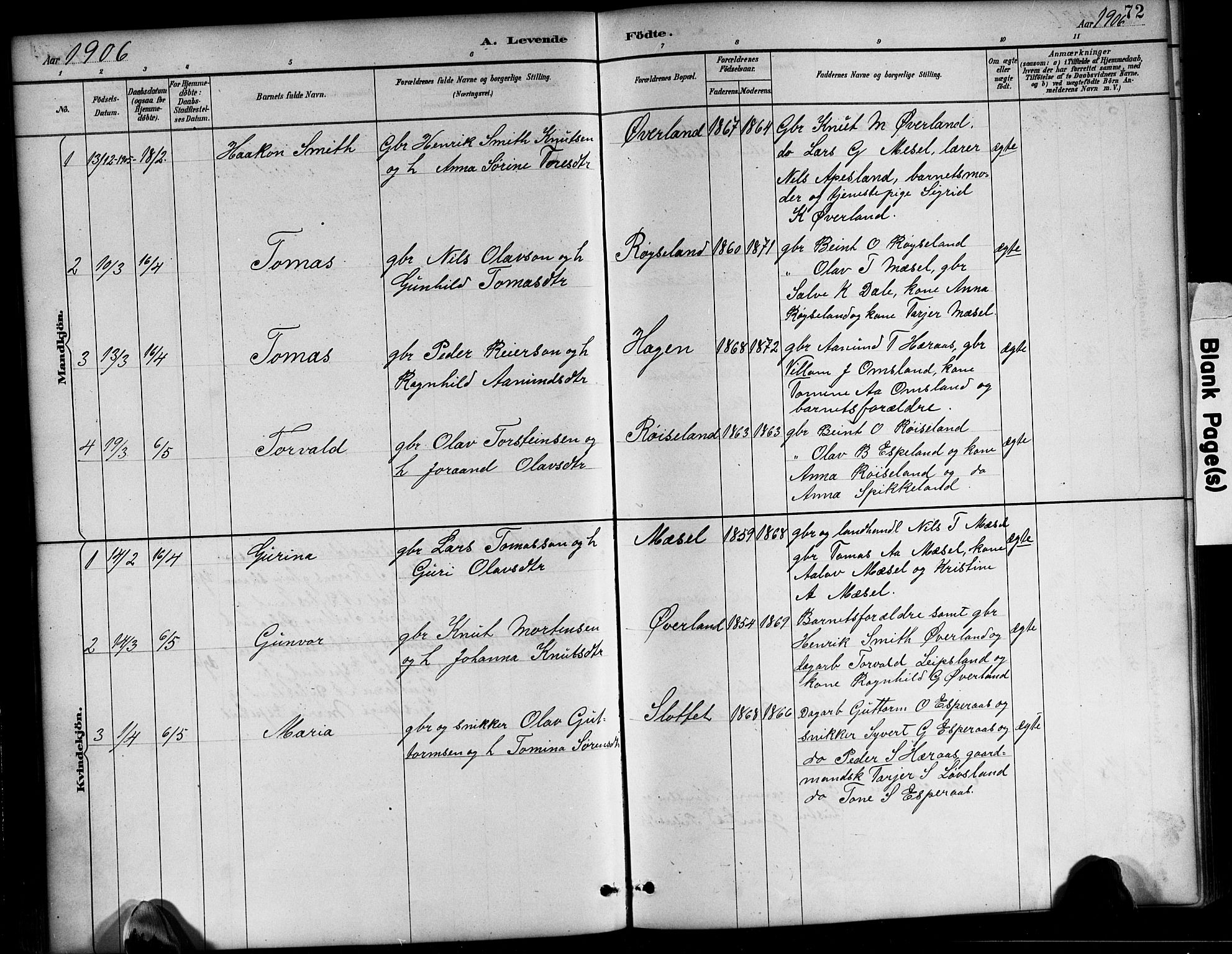 Bjelland sokneprestkontor, AV/SAK-1111-0005/F/Fb/Fbb/L0005: Klokkerbok nr. B 5, 1887-1918, s. 72