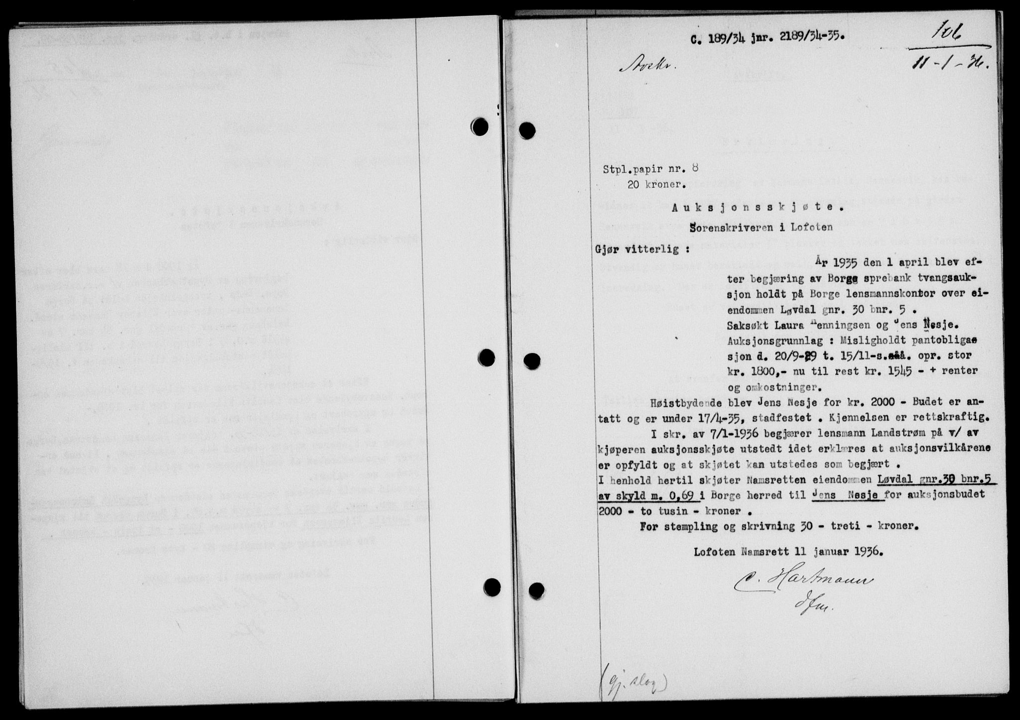 Lofoten sorenskriveri, SAT/A-0017/1/2/2C/L0033b: Pantebok nr. 33b, 1936-1936, Dagboknr: 106/1936