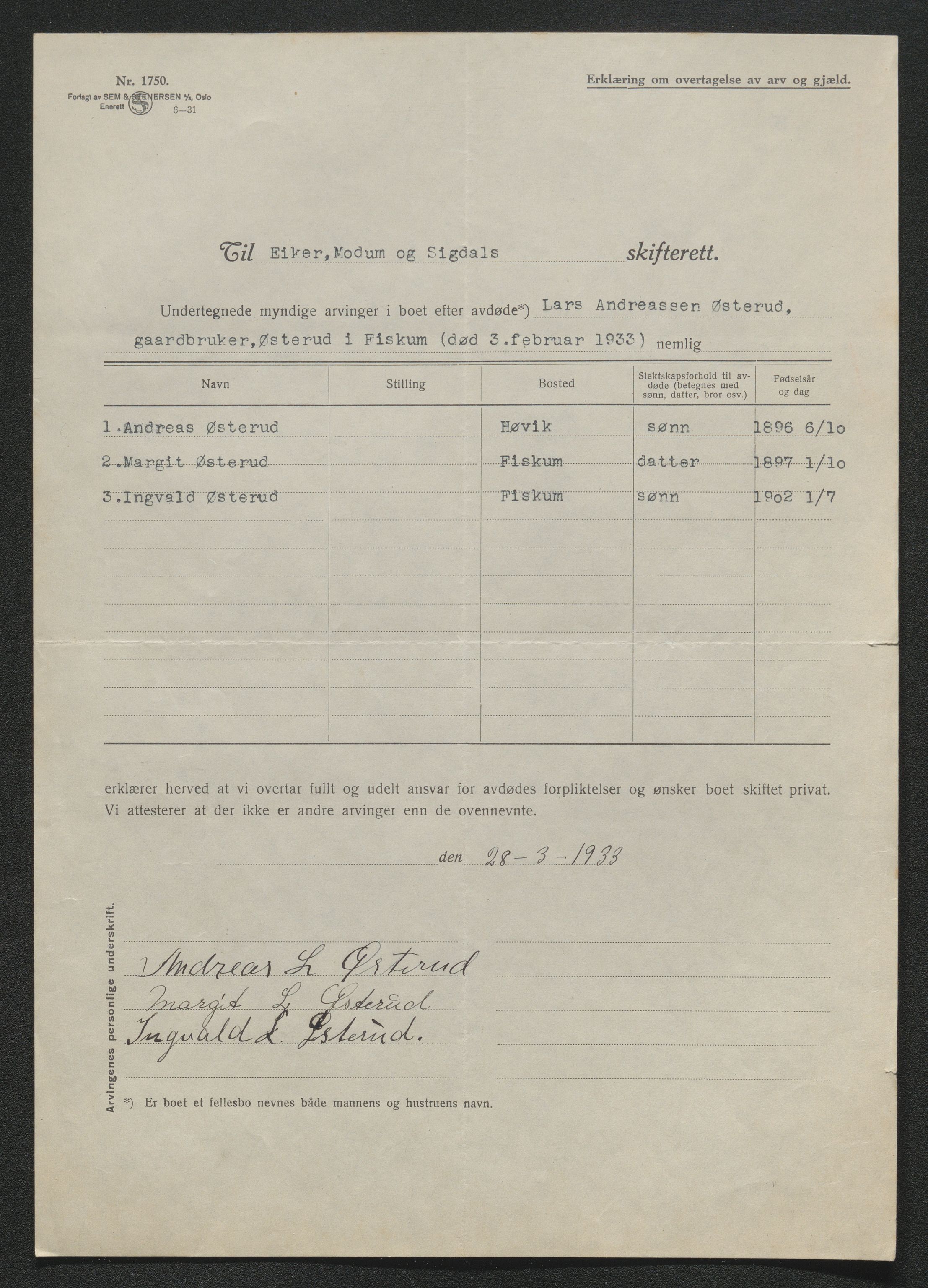 Eiker, Modum og Sigdal sorenskriveri, AV/SAKO-A-123/H/Ha/Hab/L0048: Dødsfallsmeldinger, 1933, s. 153