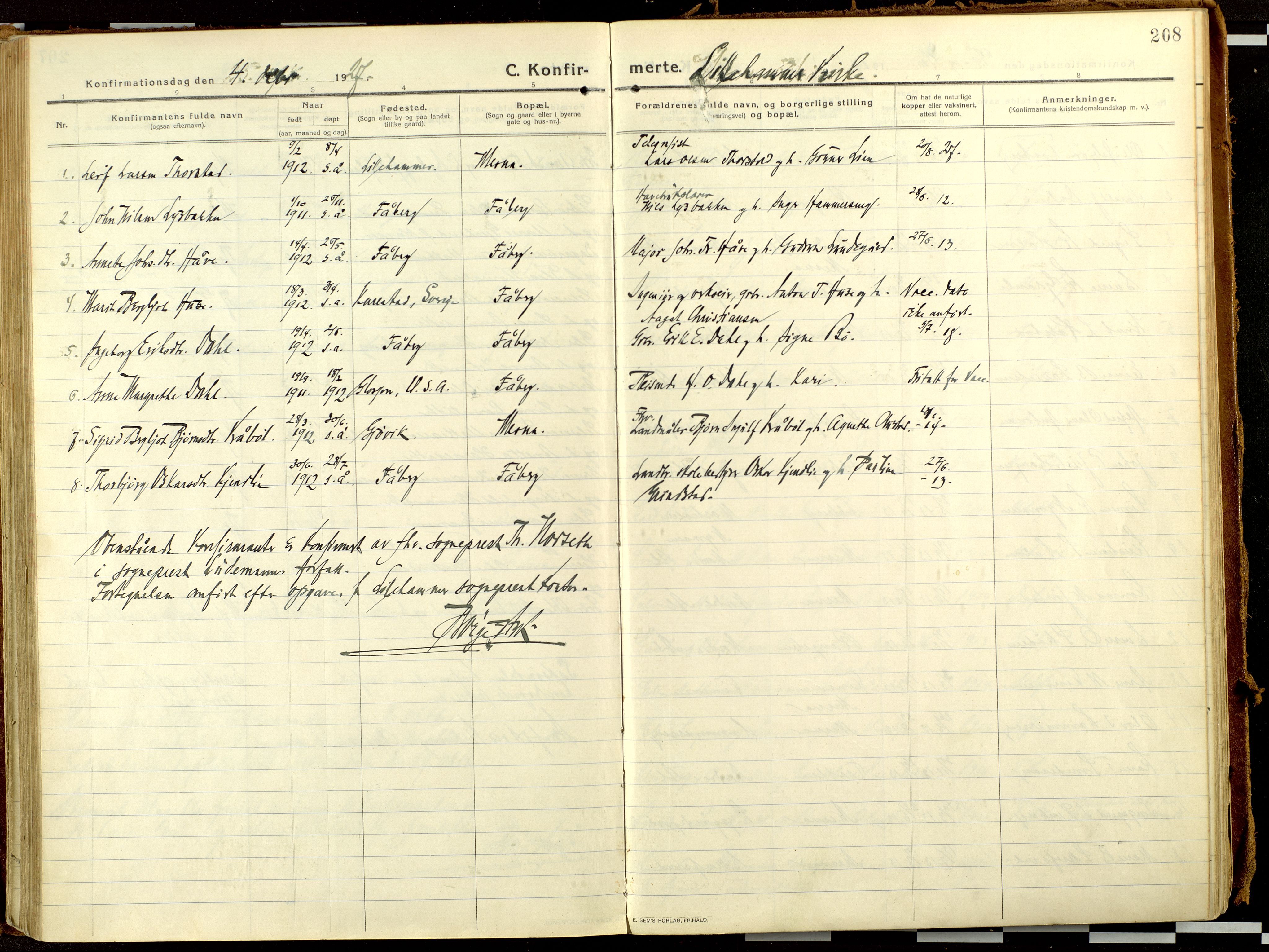 Fåberg prestekontor, AV/SAH-PREST-086/H/Ha/Haa/L0013: Ministerialbok nr. 13, 1913-1928, s. 208