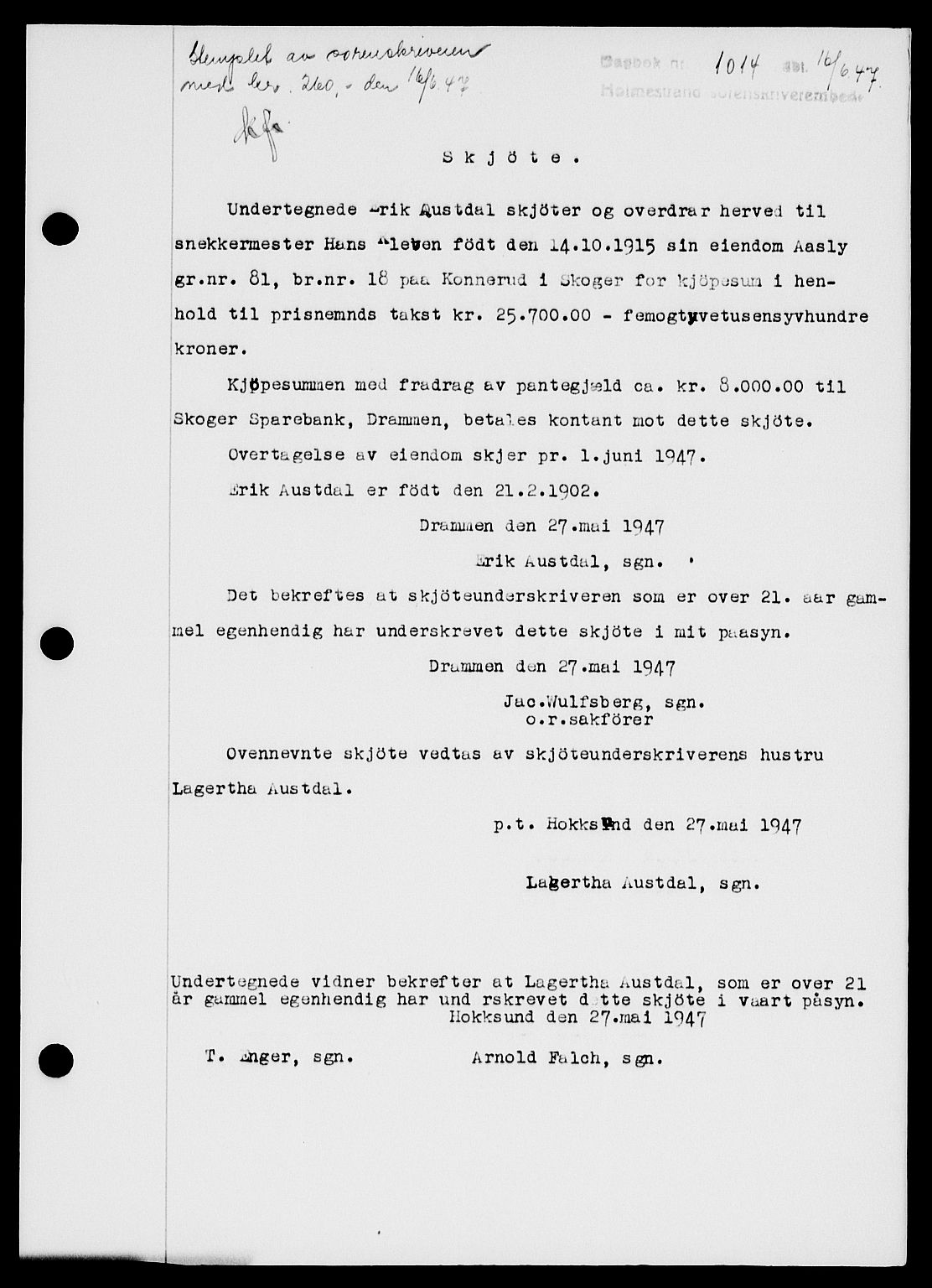 Holmestrand sorenskriveri, SAKO/A-67/G/Ga/Gaa/L0062: Pantebok nr. A-62, 1947-1947, Dagboknr: 1014/1947