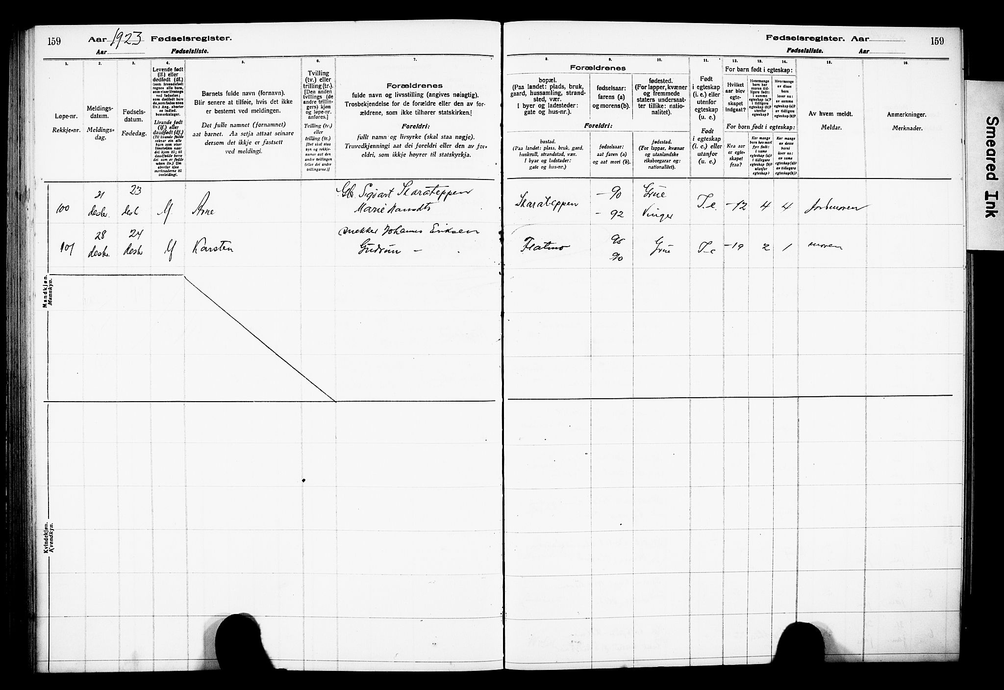 Grue prestekontor, AV/SAH-PREST-036/I/Id/Ida/L0001: Fødselsregister nr. I 1, 1916-1926, s. 159