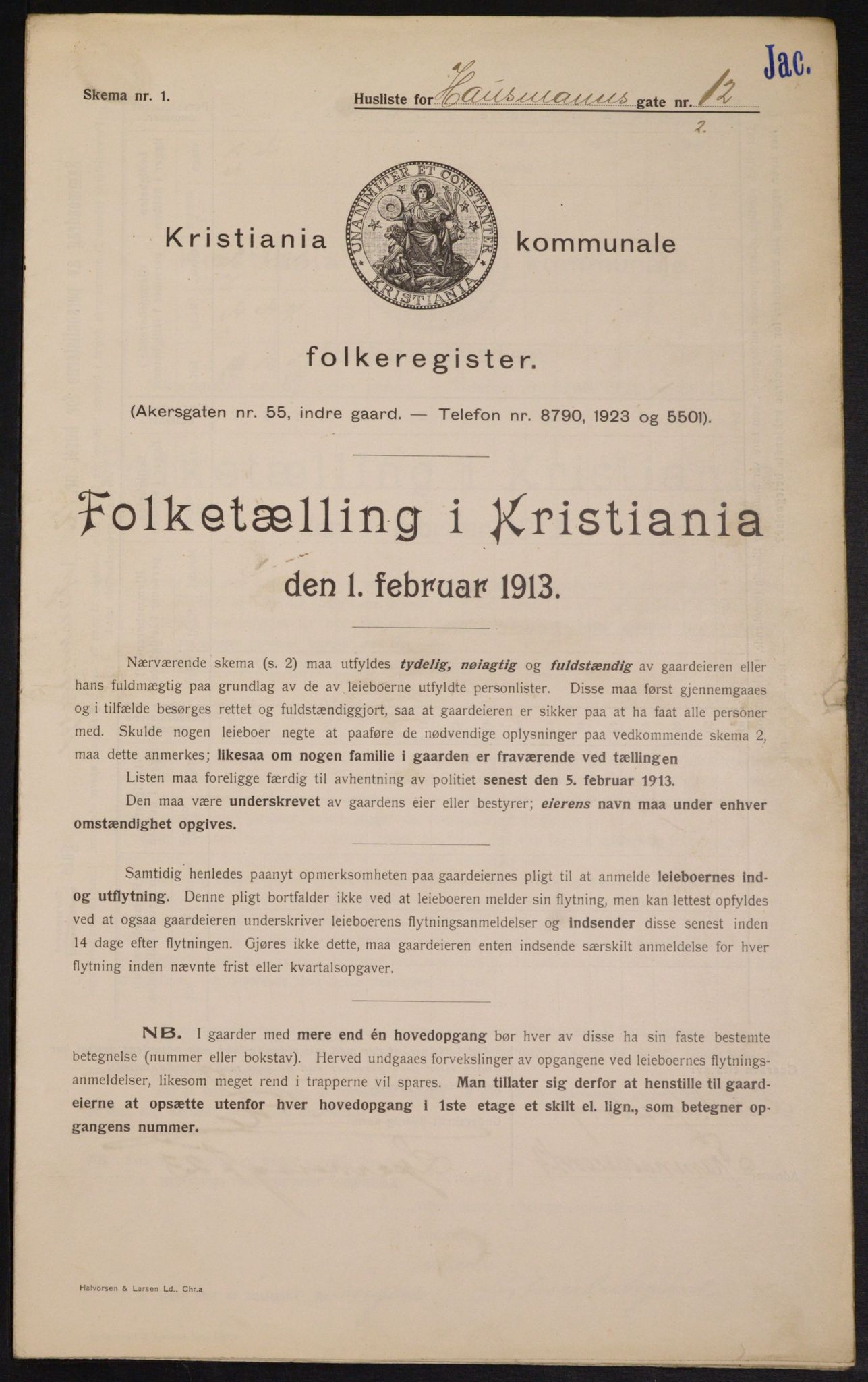 OBA, Kommunal folketelling 1.2.1913 for Kristiania, 1913, s. 35253