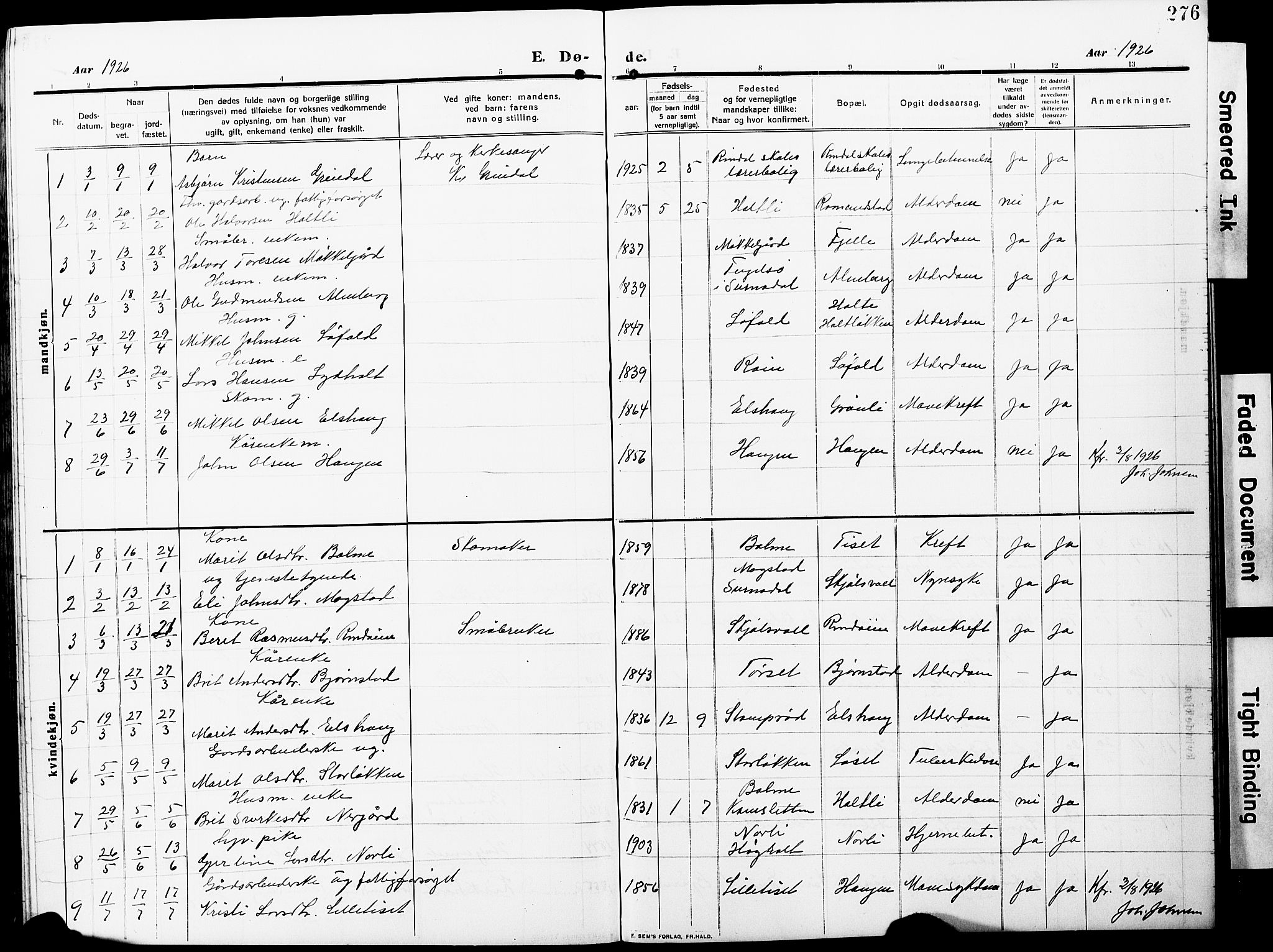 Ministerialprotokoller, klokkerbøker og fødselsregistre - Møre og Romsdal, AV/SAT-A-1454/598/L1079: Klokkerbok nr. 598C04, 1909-1927, s. 276