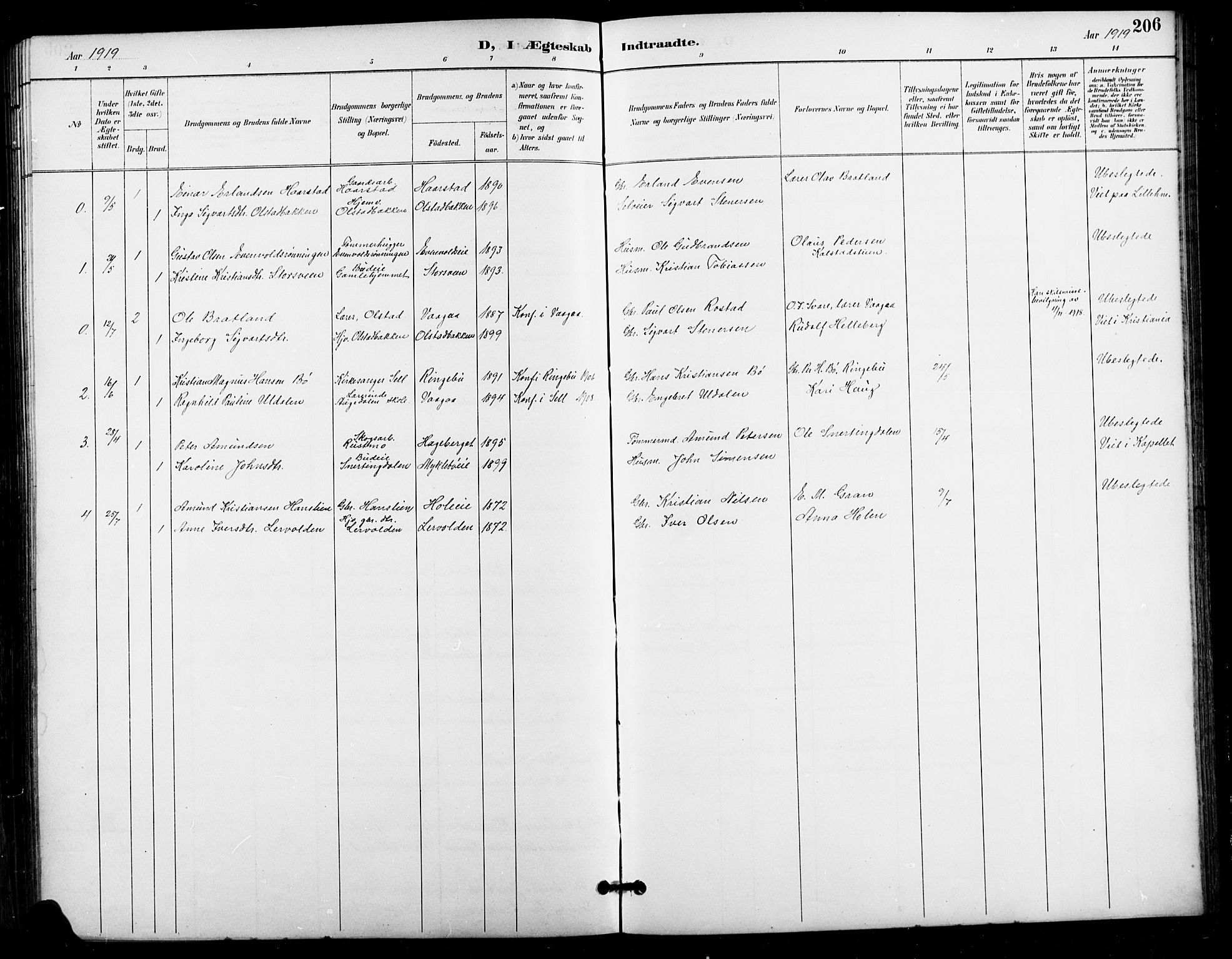 Vestre Gausdal prestekontor, AV/SAH-PREST-094/H/Ha/Hab/L0003: Klokkerbok nr. 3, 1896-1925, s. 206
