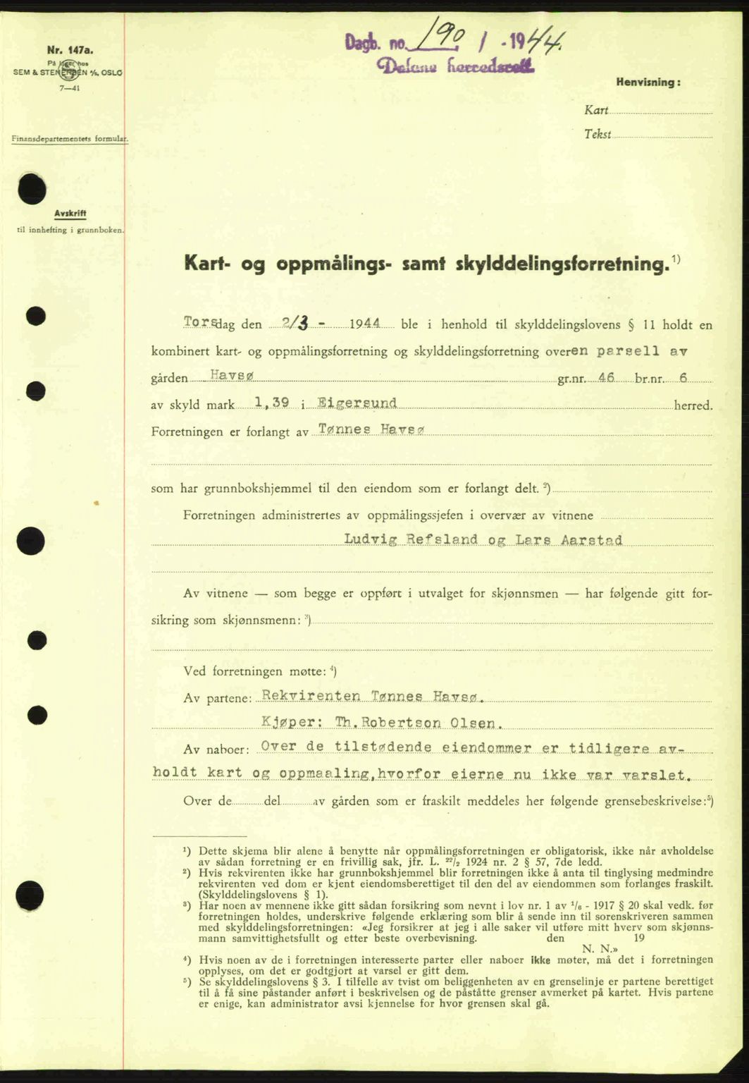 Dalane sorenskriveri, SAST/A-100309/02/G/Gb/L0047: Pantebok nr. A8 I, 1944-1945, Dagboknr: 190/1944