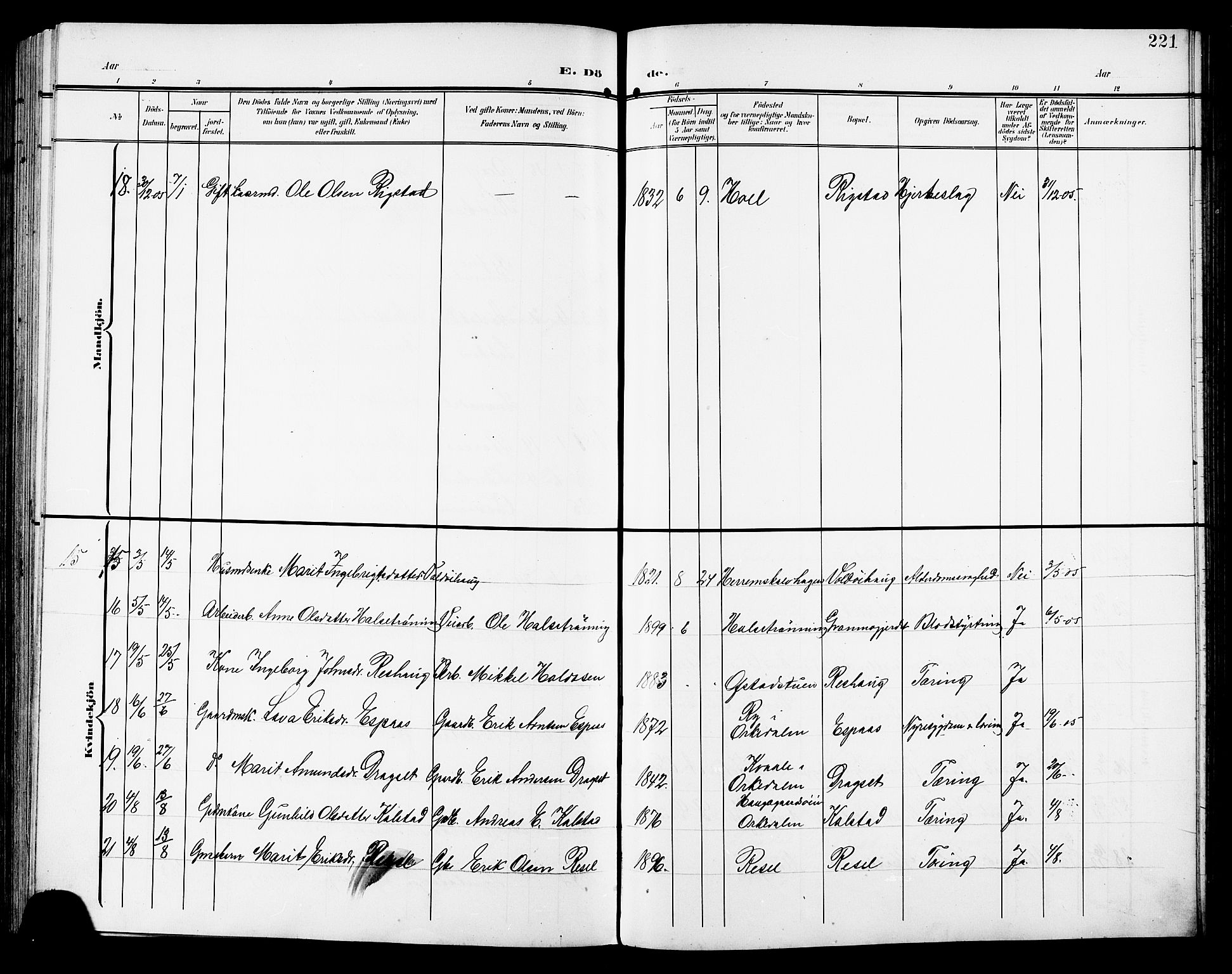 Ministerialprotokoller, klokkerbøker og fødselsregistre - Sør-Trøndelag, AV/SAT-A-1456/672/L0864: Klokkerbok nr. 672C03, 1902-1914, s. 221