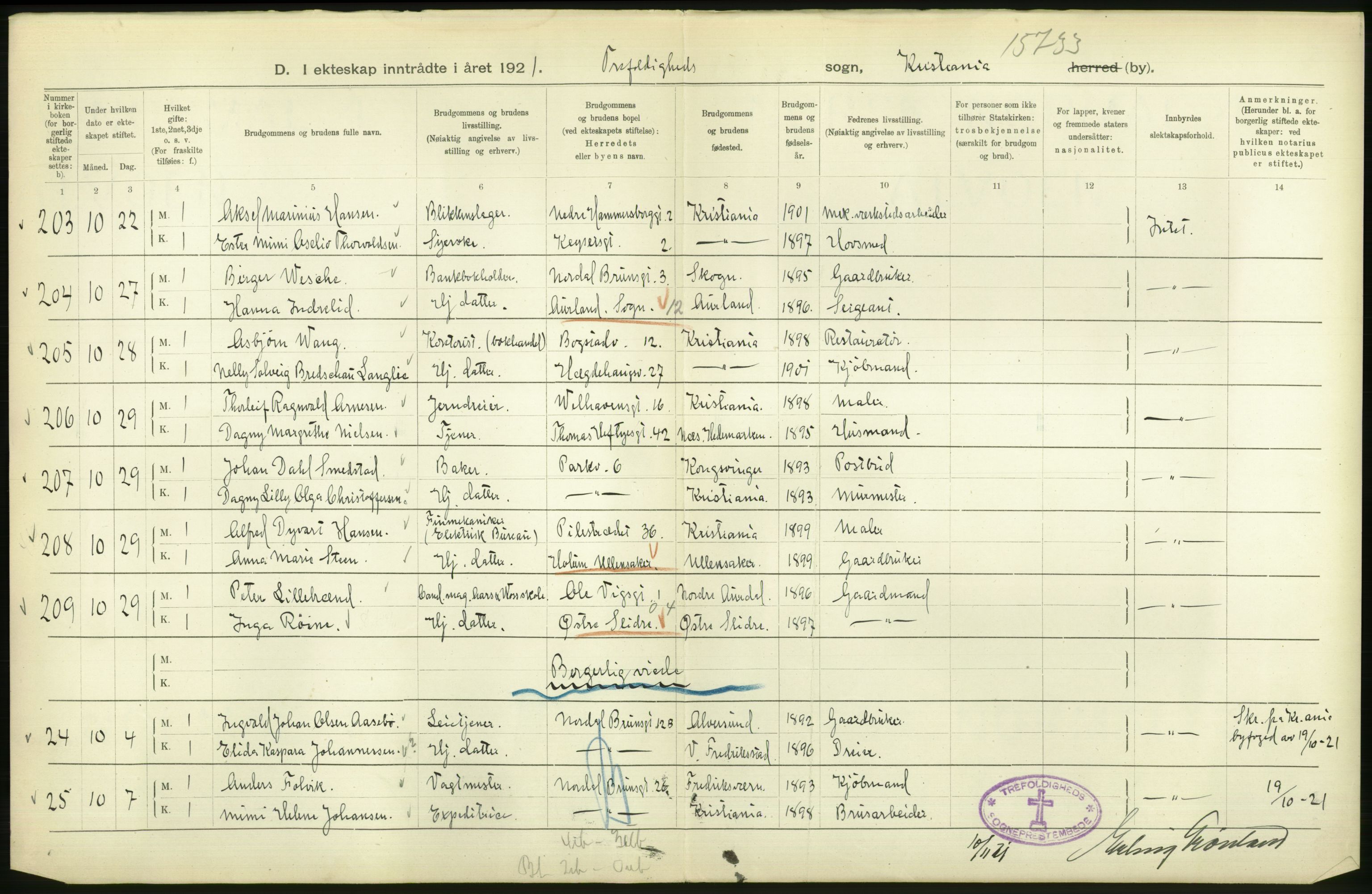 Statistisk sentralbyrå, Sosiodemografiske emner, Befolkning, AV/RA-S-2228/D/Df/Dfc/Dfca/L0011: Kristiania: Gifte, 1921, s. 50