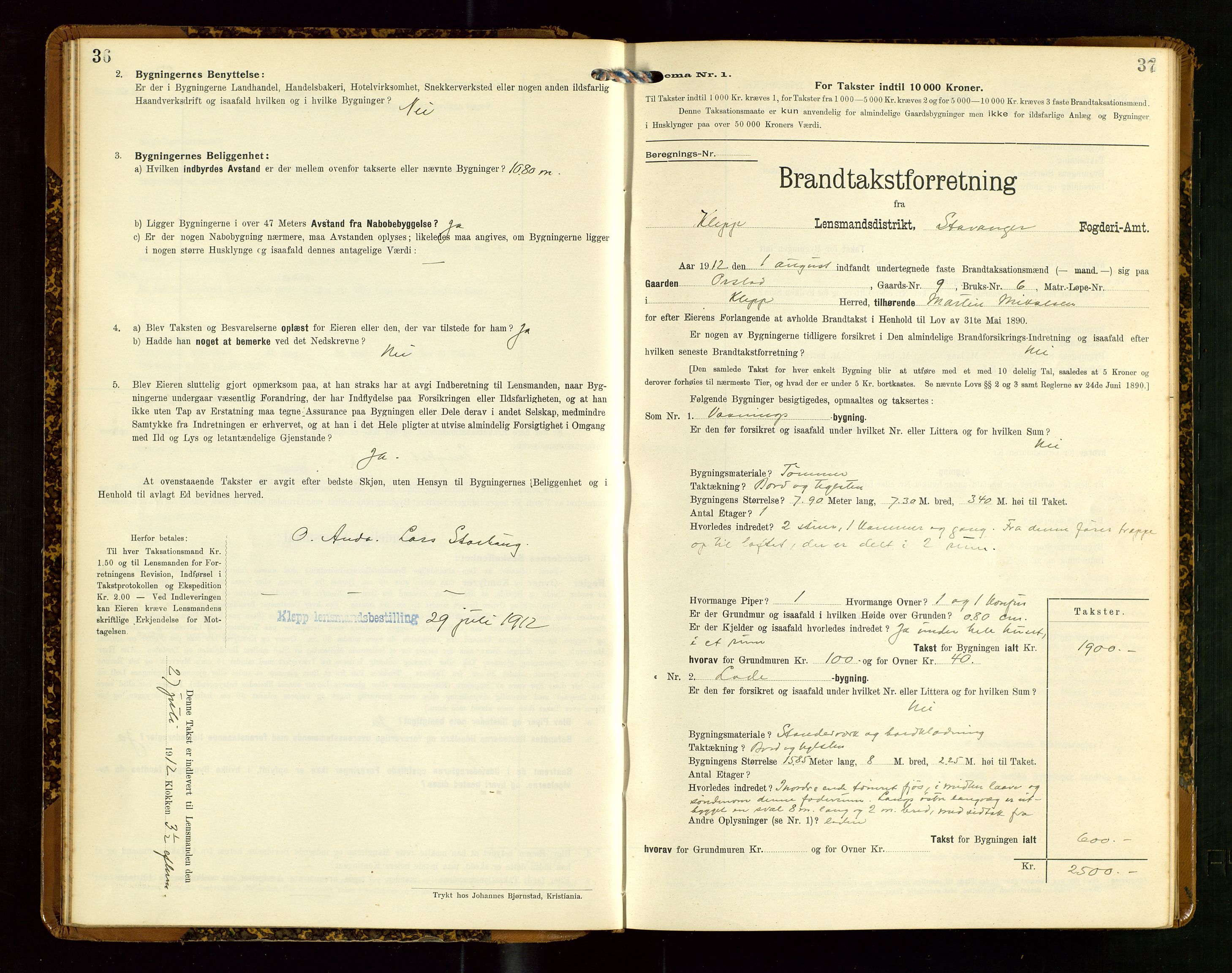 Klepp lensmannskontor, AV/SAST-A-100163/Goc/L0007: "Brandtaxationsprotokol" m/register, 1911-1915, s. 36-37