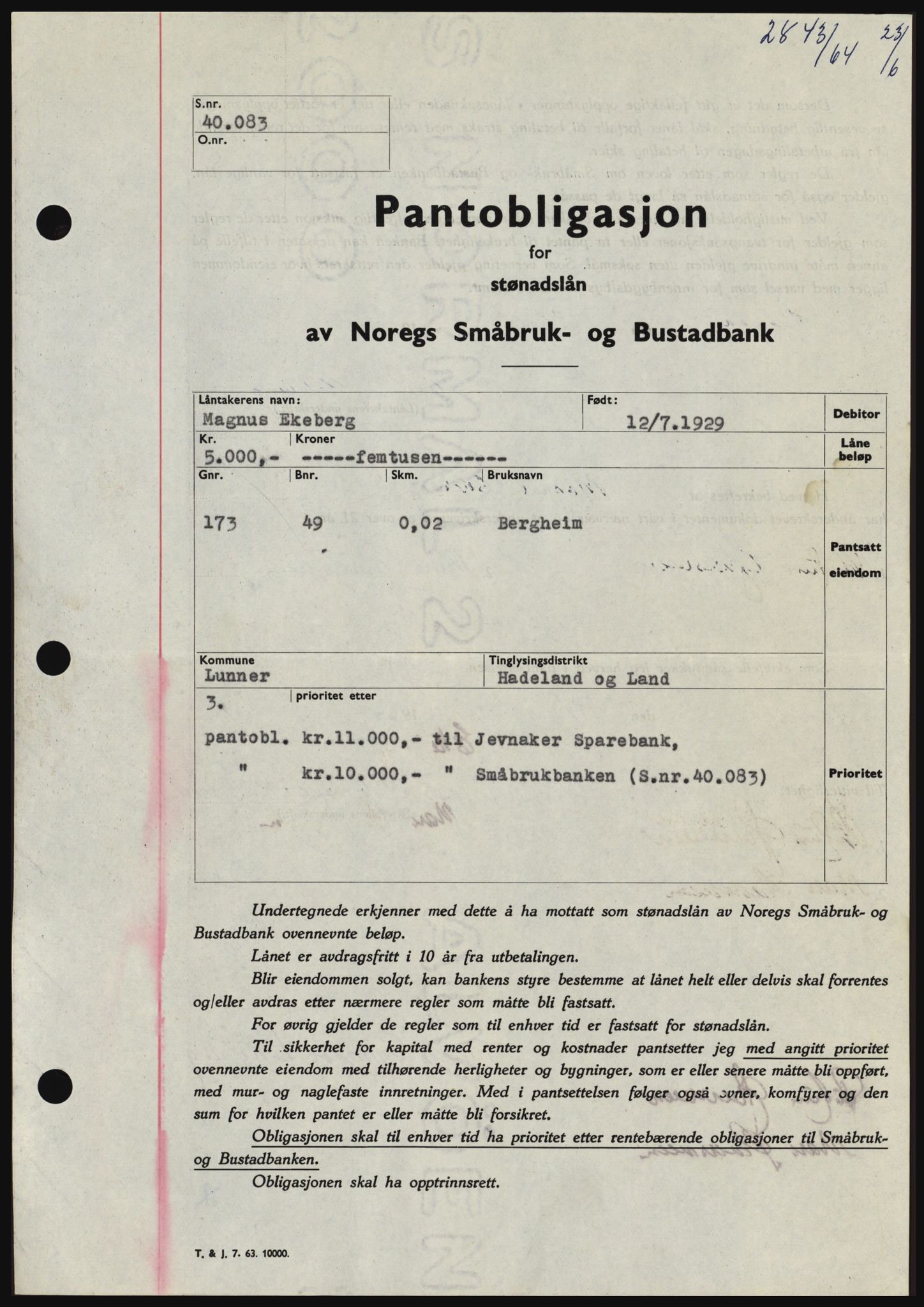 Hadeland og Land tingrett, SAH/TING-010/H/Hb/Hbc/L0055: Pantebok nr. B55, 1964-1964, Dagboknr: 2843/1964