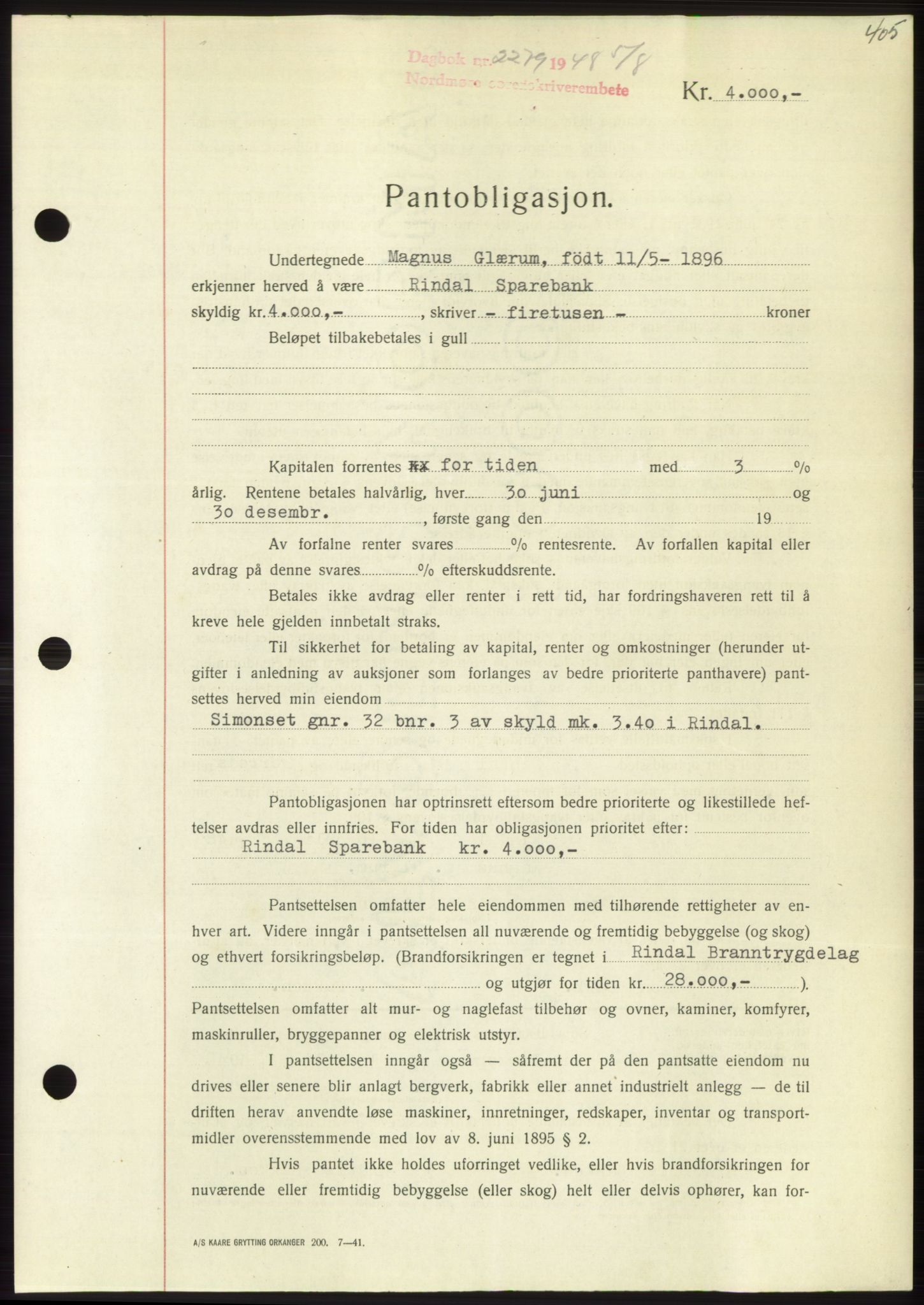 Nordmøre sorenskriveri, AV/SAT-A-4132/1/2/2Ca: Pantebok nr. B99, 1948-1948, Dagboknr: 2279/1948