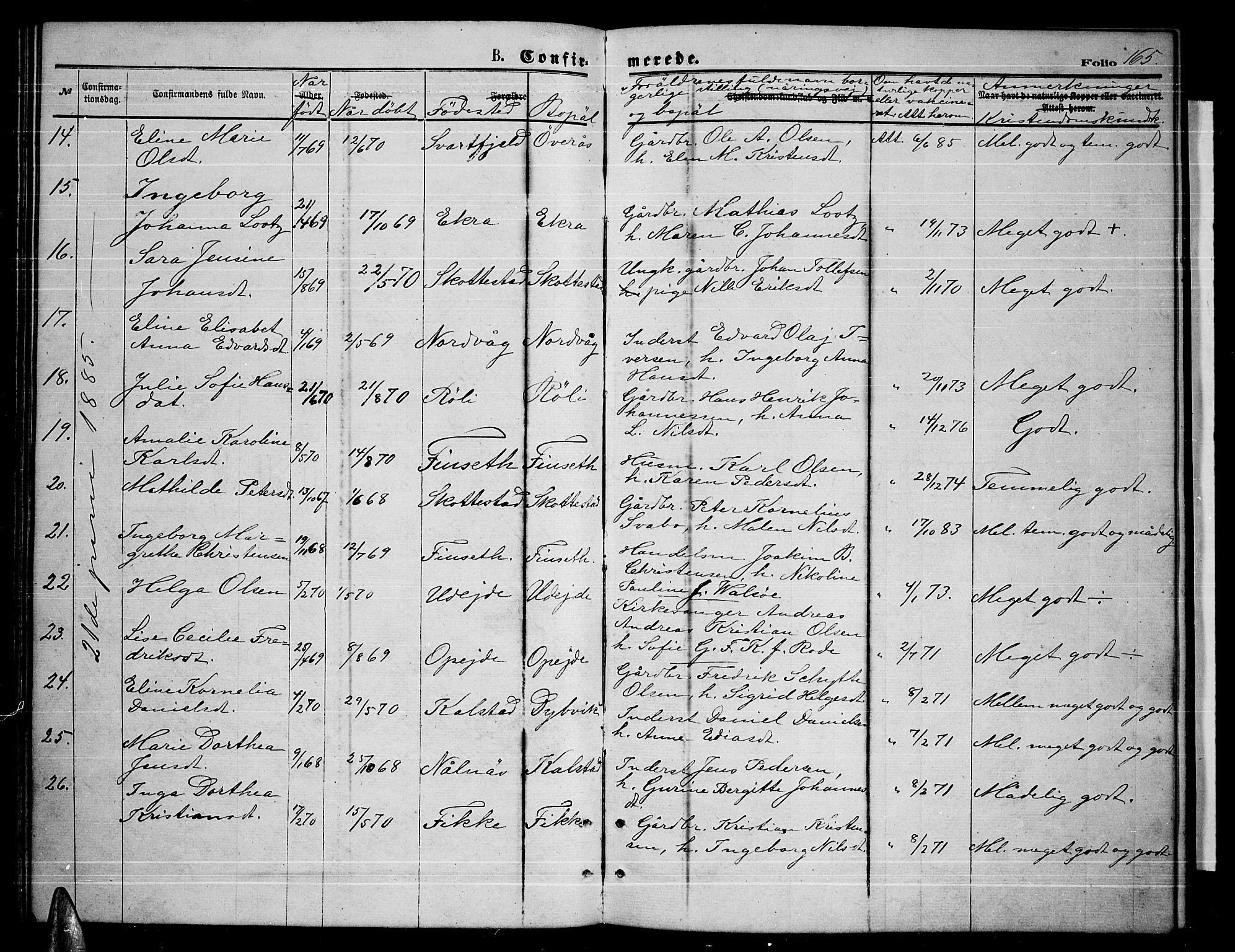 Ministerialprotokoller, klokkerbøker og fødselsregistre - Nordland, AV/SAT-A-1459/859/L0858: Klokkerbok nr. 859C04, 1873-1886, s. 165