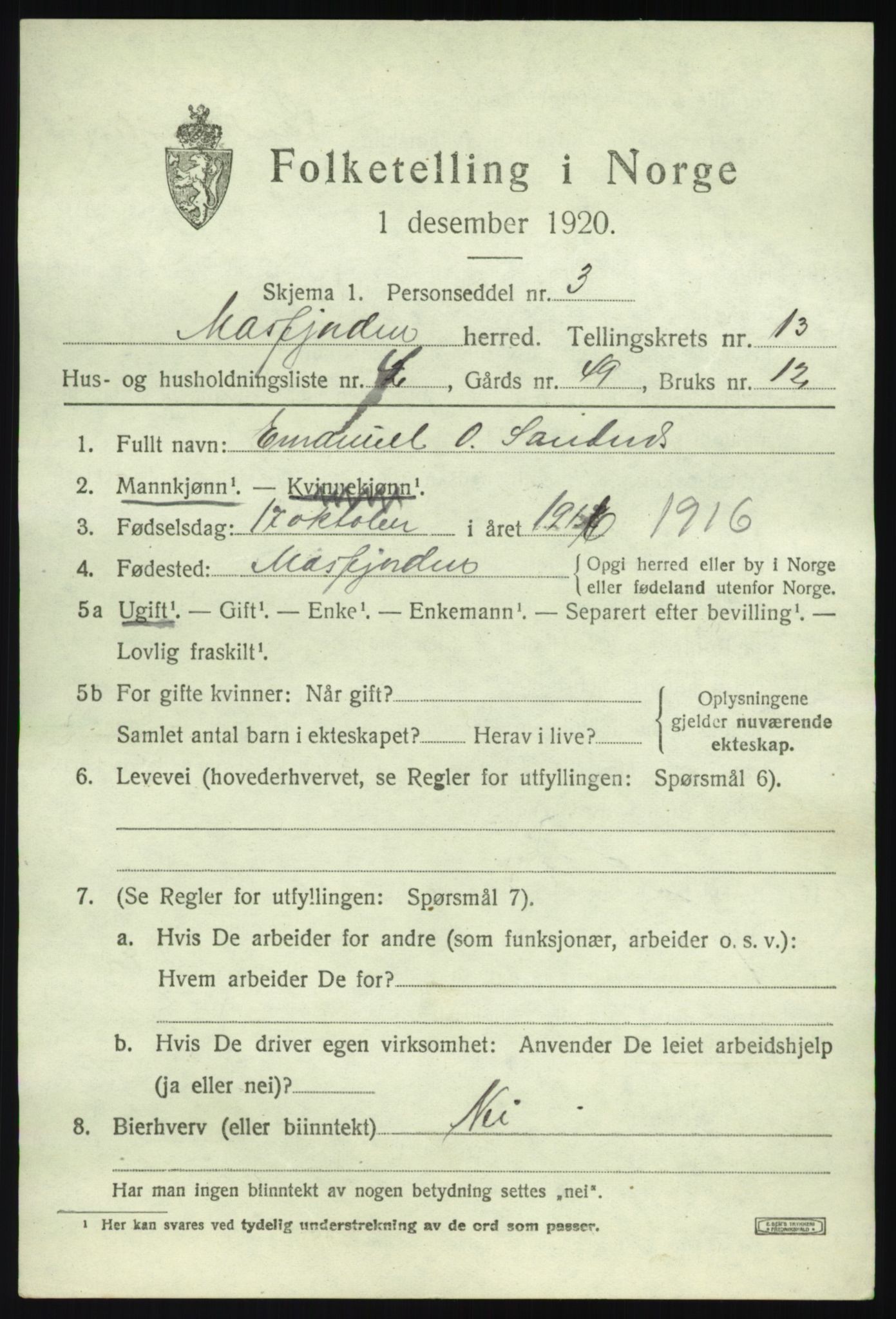 SAB, Folketelling 1920 for 1266 Masfjorden herred, 1920, s. 4827
