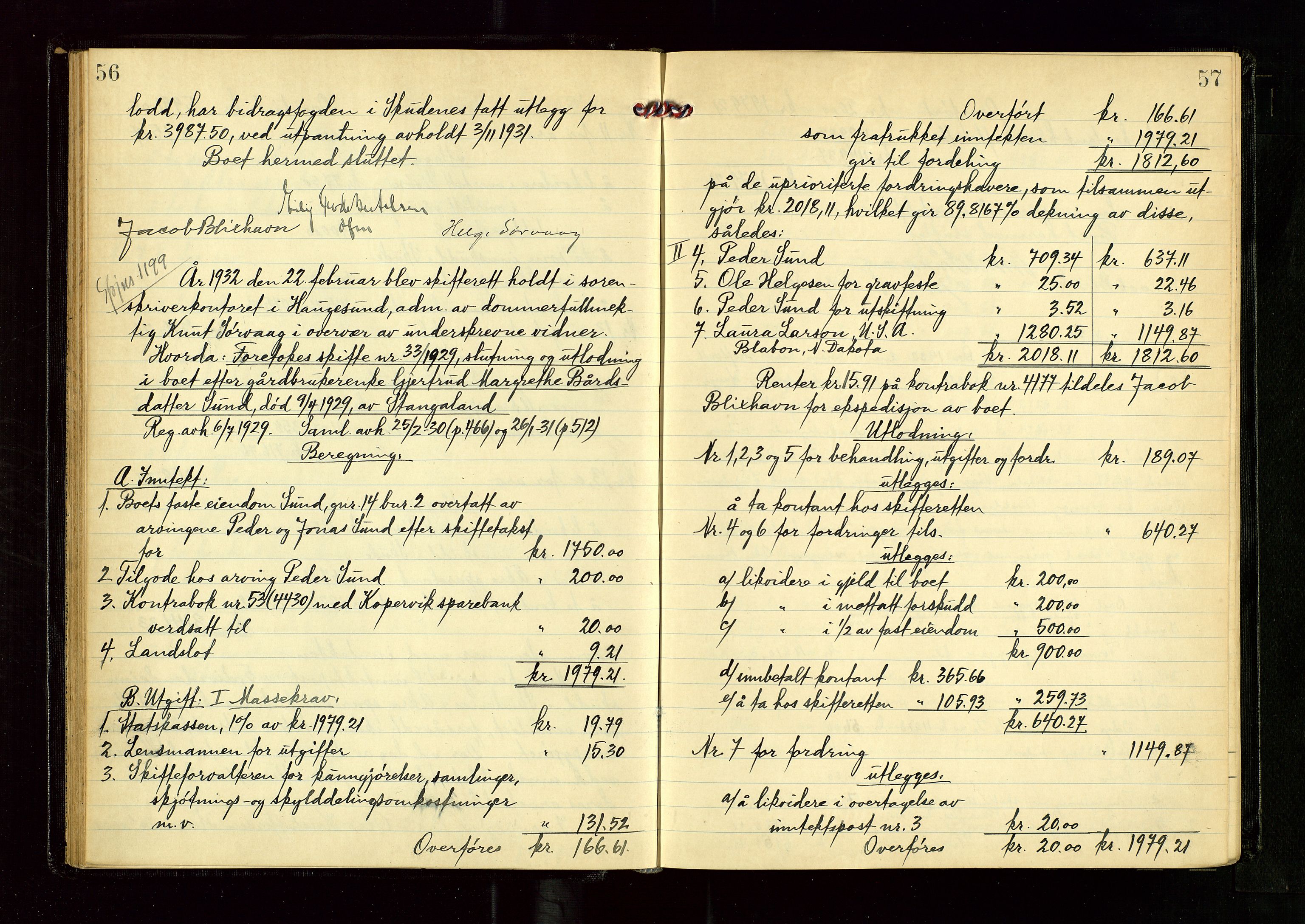 Karmsund sorenskriveri, AV/SAST-A-100311/01/IV/IVGB/L0005: SKIFTEUTLODNINGSPROTOKOLL, 1931-1936, s. 56-57