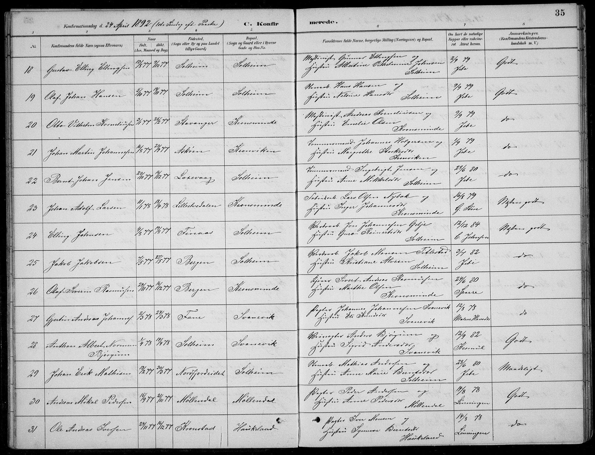 Årstad Sokneprestembete, AV/SAB-A-79301/H/Hab/L0011: Klokkerbok nr. B 1, 1886-1901, s. 35