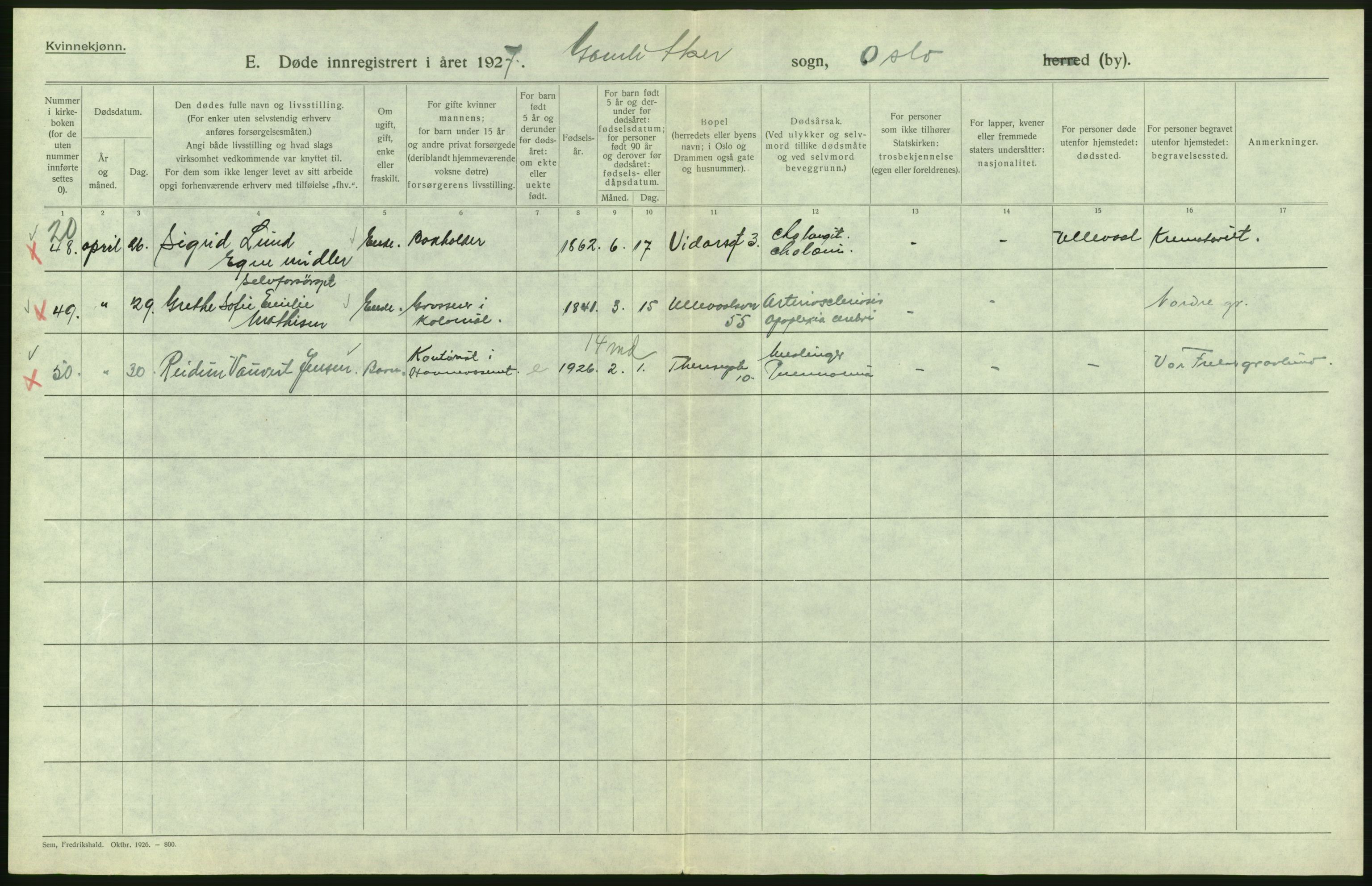 Statistisk sentralbyrå, Sosiodemografiske emner, Befolkning, AV/RA-S-2228/D/Df/Dfc/Dfcg/L0010: Oslo: Døde kvinner, dødfødte, 1927, s. 338