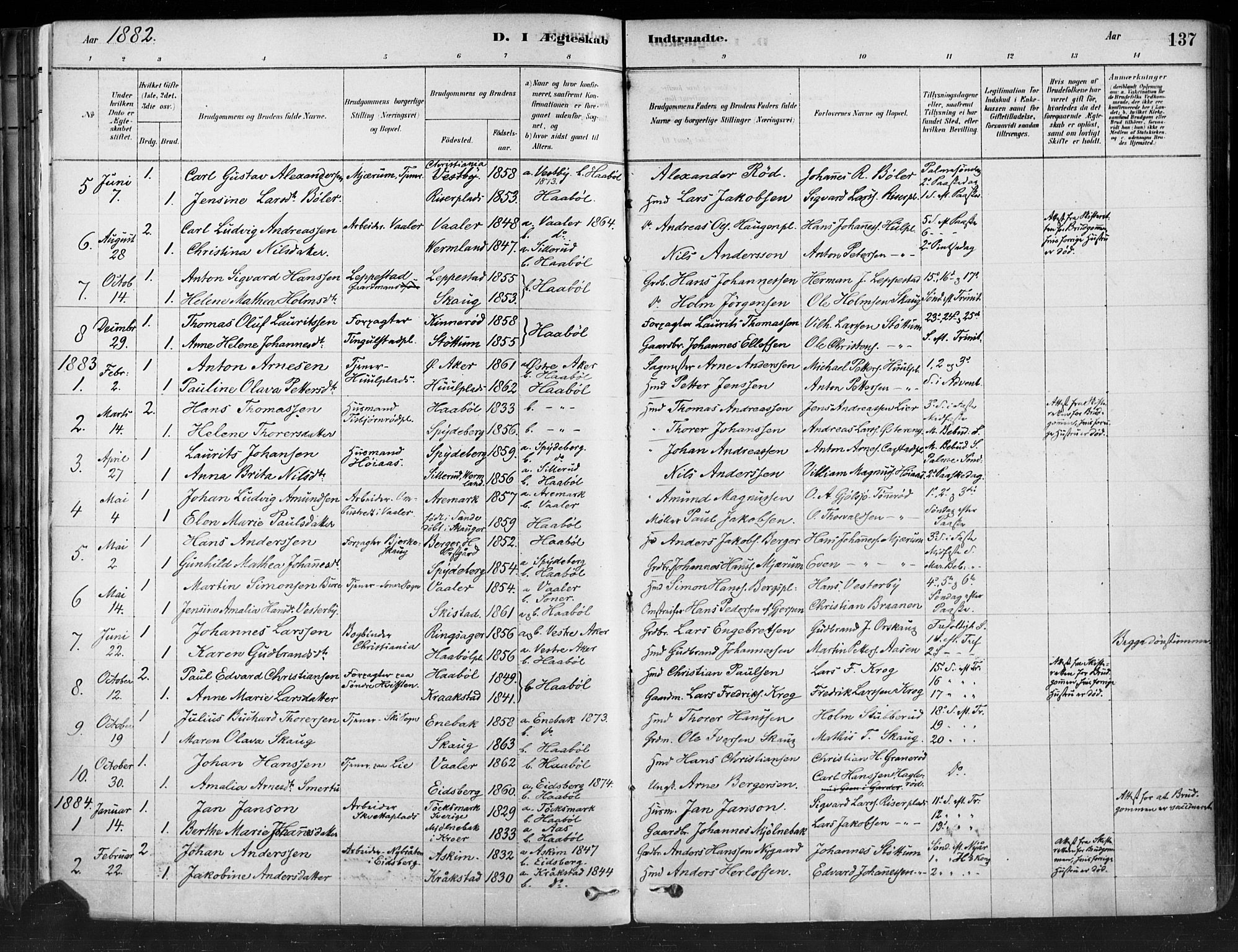Hobøl prestekontor Kirkebøker, AV/SAO-A-2002/F/Fa/L0005: Ministerialbok nr. I 5, 1878-1904, s. 137