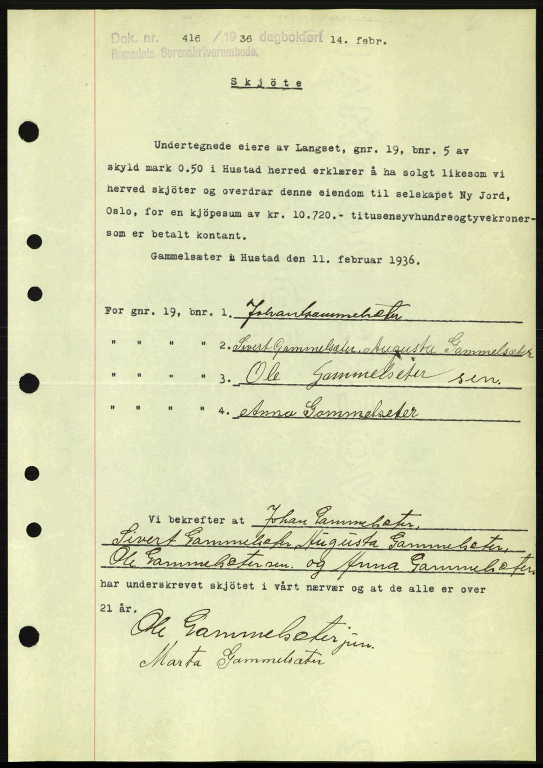 Romsdal sorenskriveri, SAT/A-4149/1/2/2C: Pantebok nr. A1, 1936-1936, Dagboknr: 416/1936