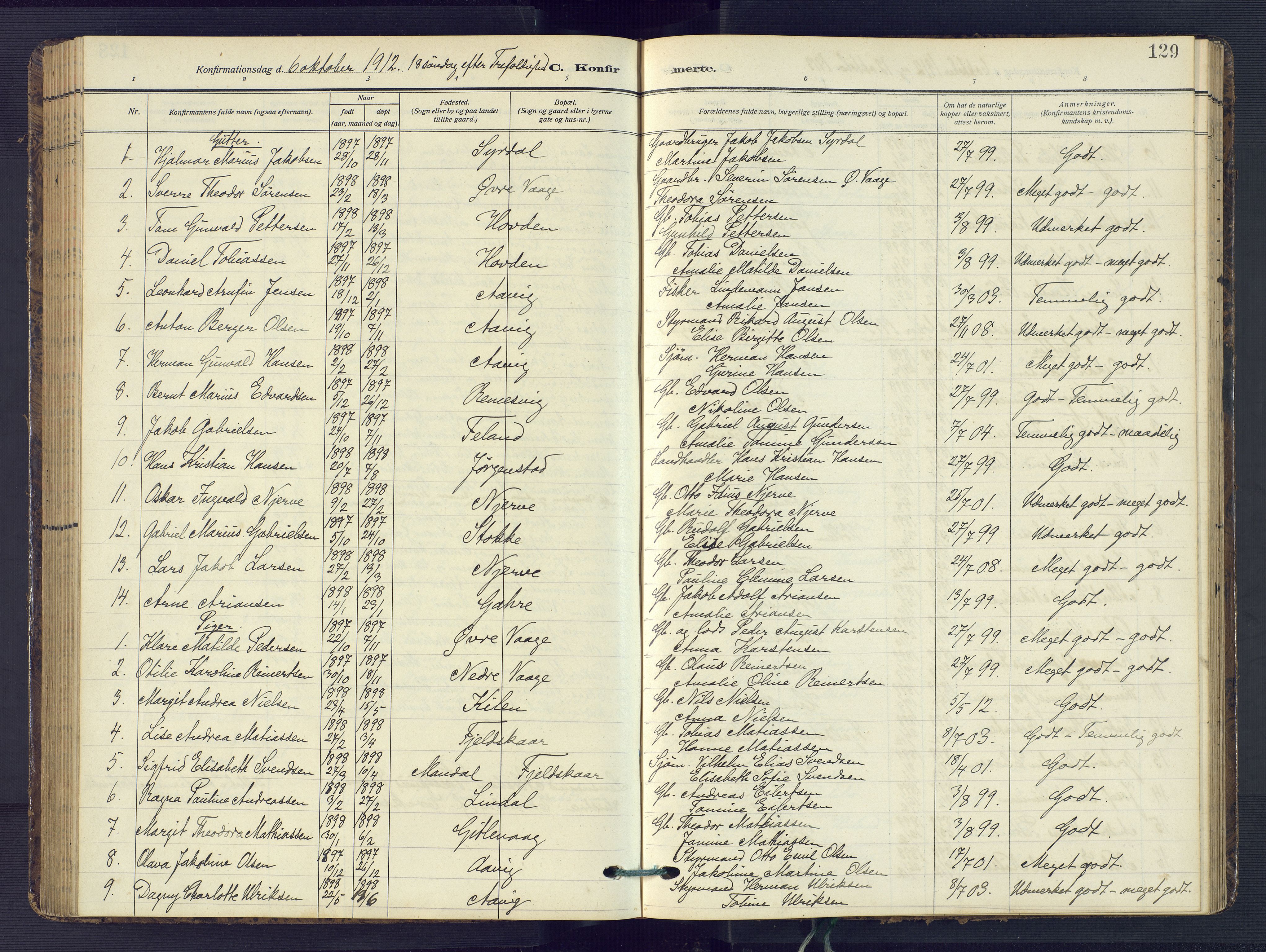 Sør-Audnedal sokneprestkontor, AV/SAK-1111-0039/F/Fb/Fba/L0005: Klokkerbok nr. B 5, 1908-1963, s. 129