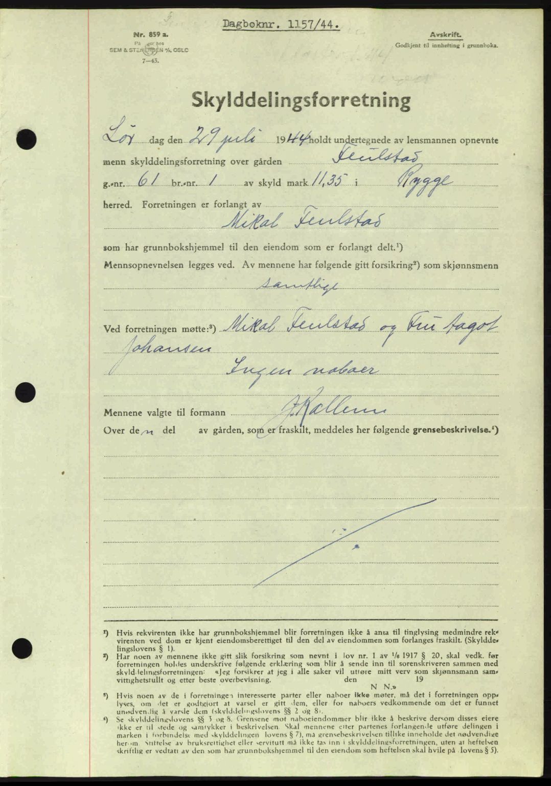 Moss sorenskriveri, SAO/A-10168: Pantebok nr. A12, 1943-1944, Dagboknr: 1157/1944