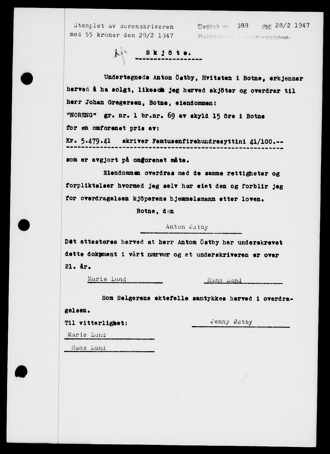 Holmestrand sorenskriveri, SAKO/A-67/G/Ga/Gaa/L0061: Pantebok nr. A-61, 1946-1947, Dagboknr: 388/1947