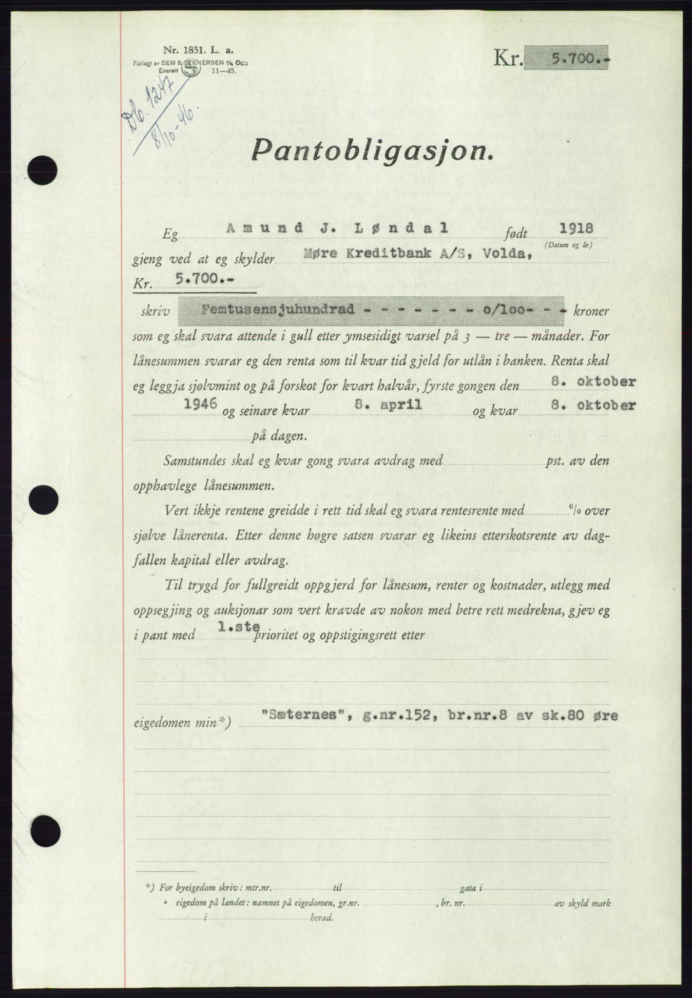 Søre Sunnmøre sorenskriveri, AV/SAT-A-4122/1/2/2C/L0114: Pantebok nr. 1-2B, 1943-1947, Dagboknr: 1247/1946