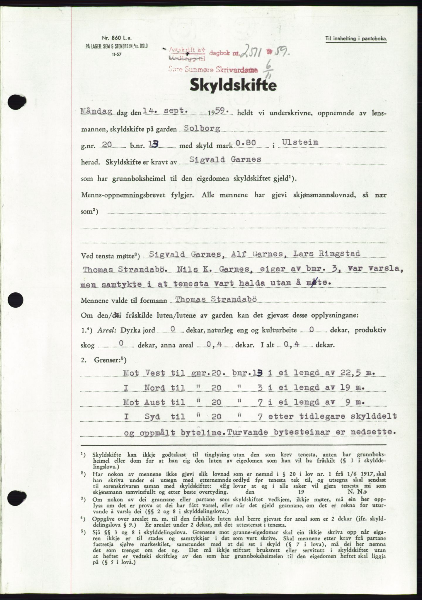 Søre Sunnmøre sorenskriveri, SAT/A-4122/1/2/2C/L0113: Pantebok nr. 39A, 1959-1959, Dagboknr: 2511/1959