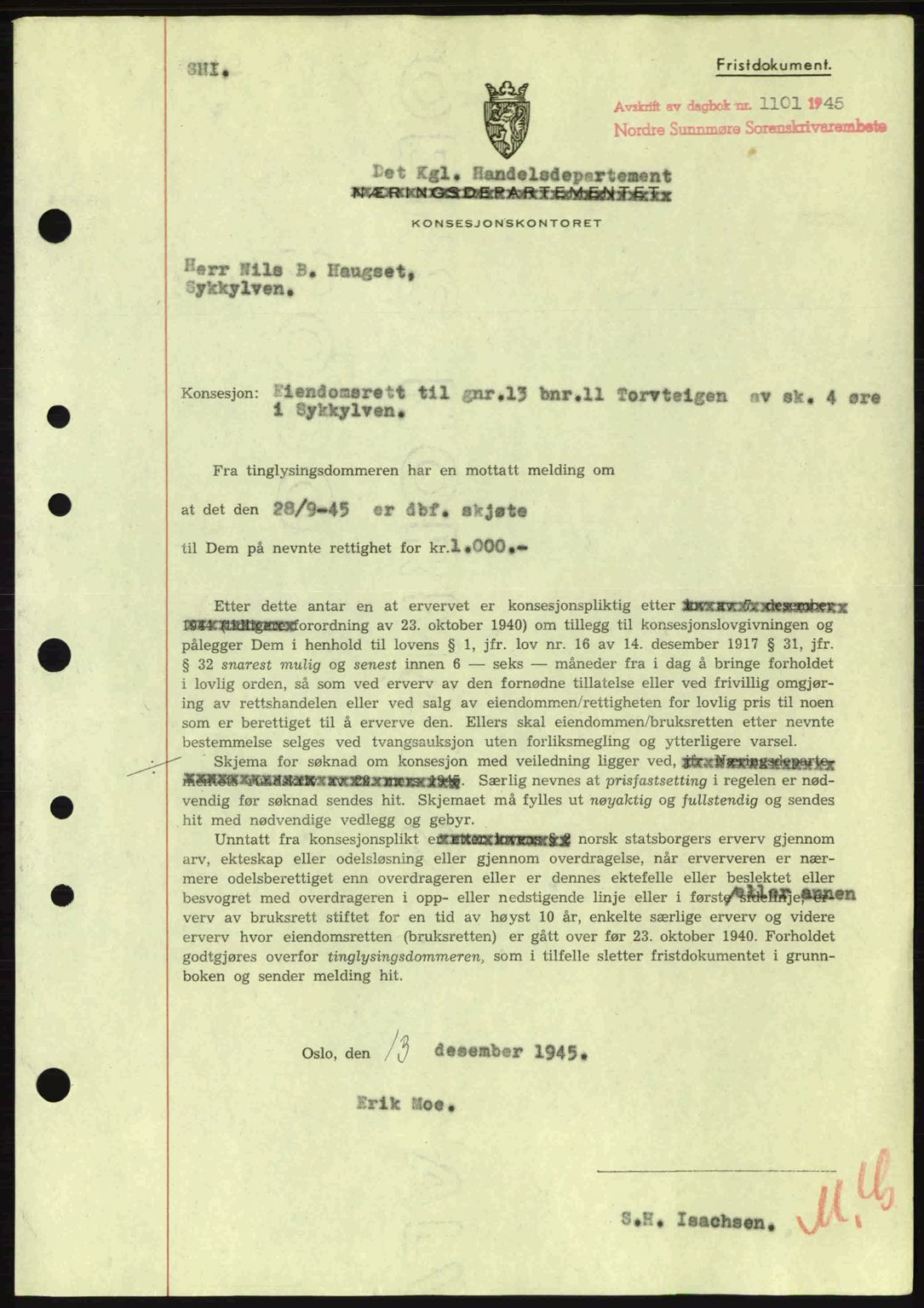 Nordre Sunnmøre sorenskriveri, AV/SAT-A-0006/1/2/2C/2Ca: Pantebok nr. B6-14 a, 1942-1945, Dagboknr: 1101/1945