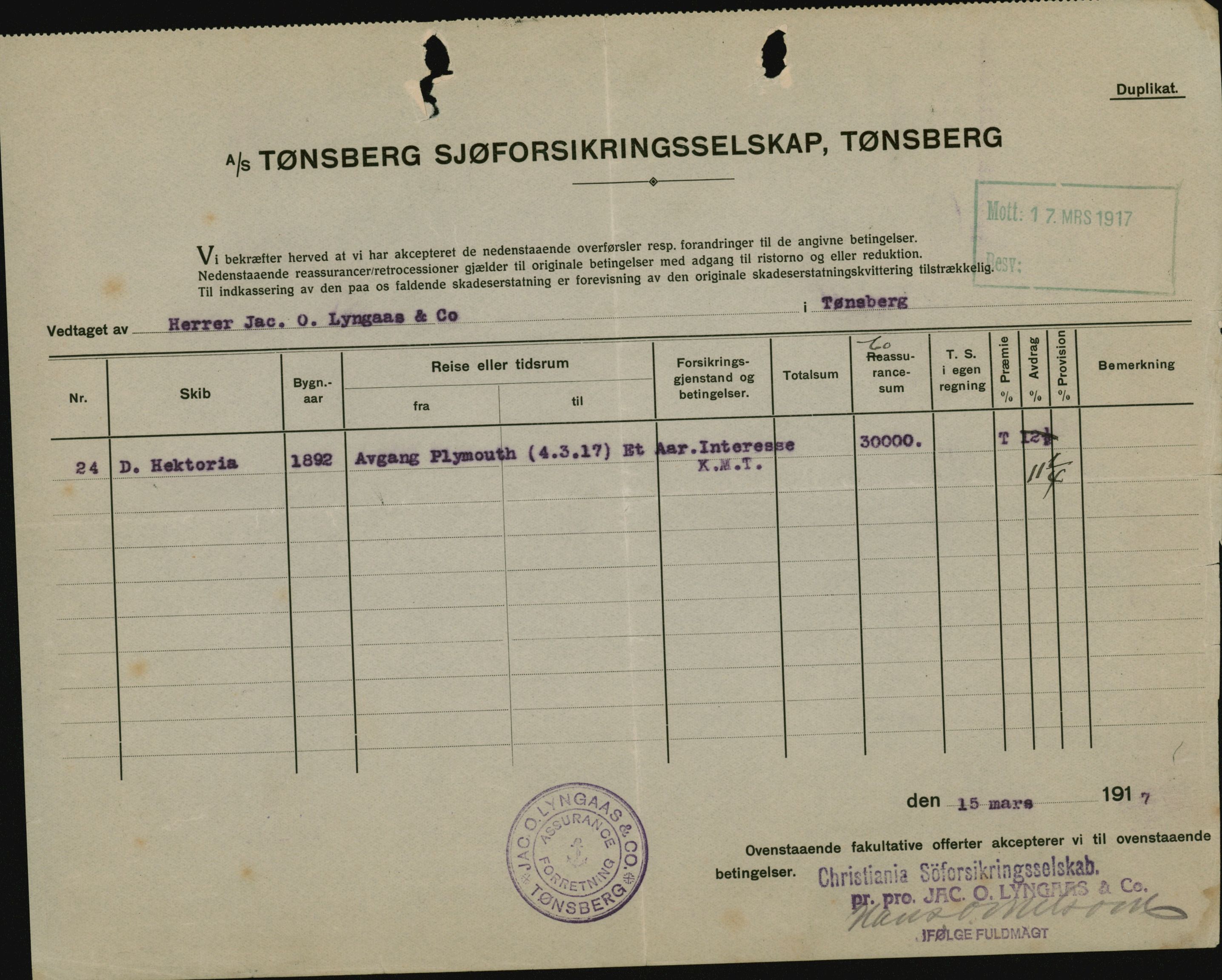 Pa 664 - Tønsberg Sjøforsikringsselskap, VEMU/A-1773/F/L0001: Forsikringspoliser, 1915-1918