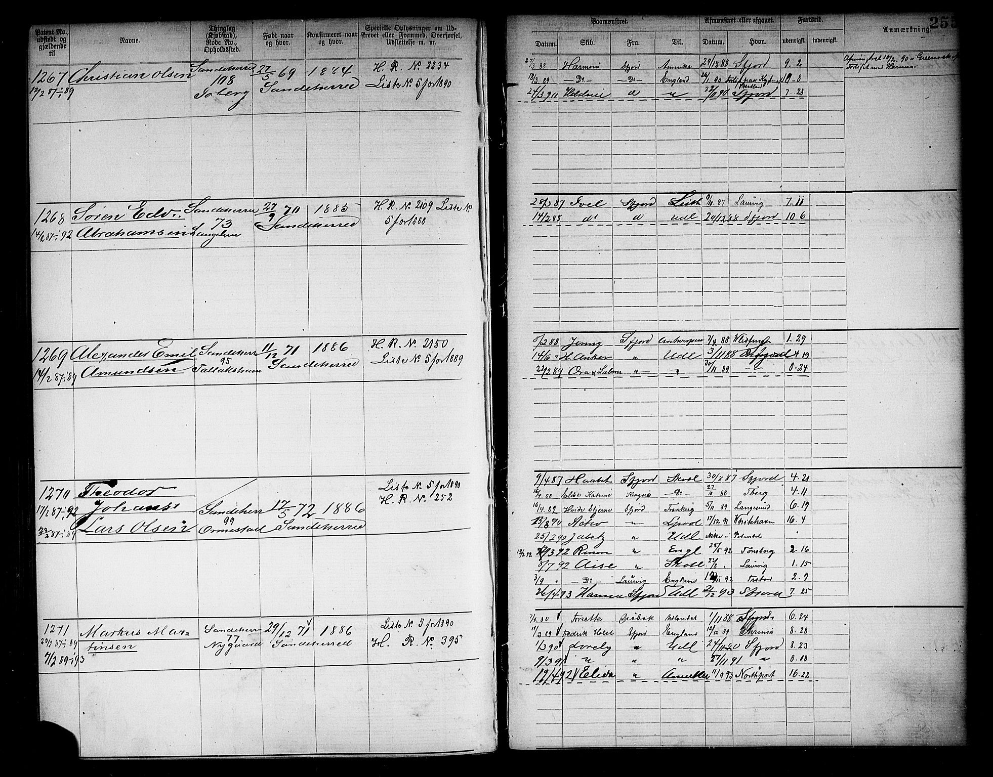 Sandefjord innrulleringskontor, AV/SAKO-A-788/F/Fa/L0002: Annotasjonsrulle, 1868-1869, s. 257