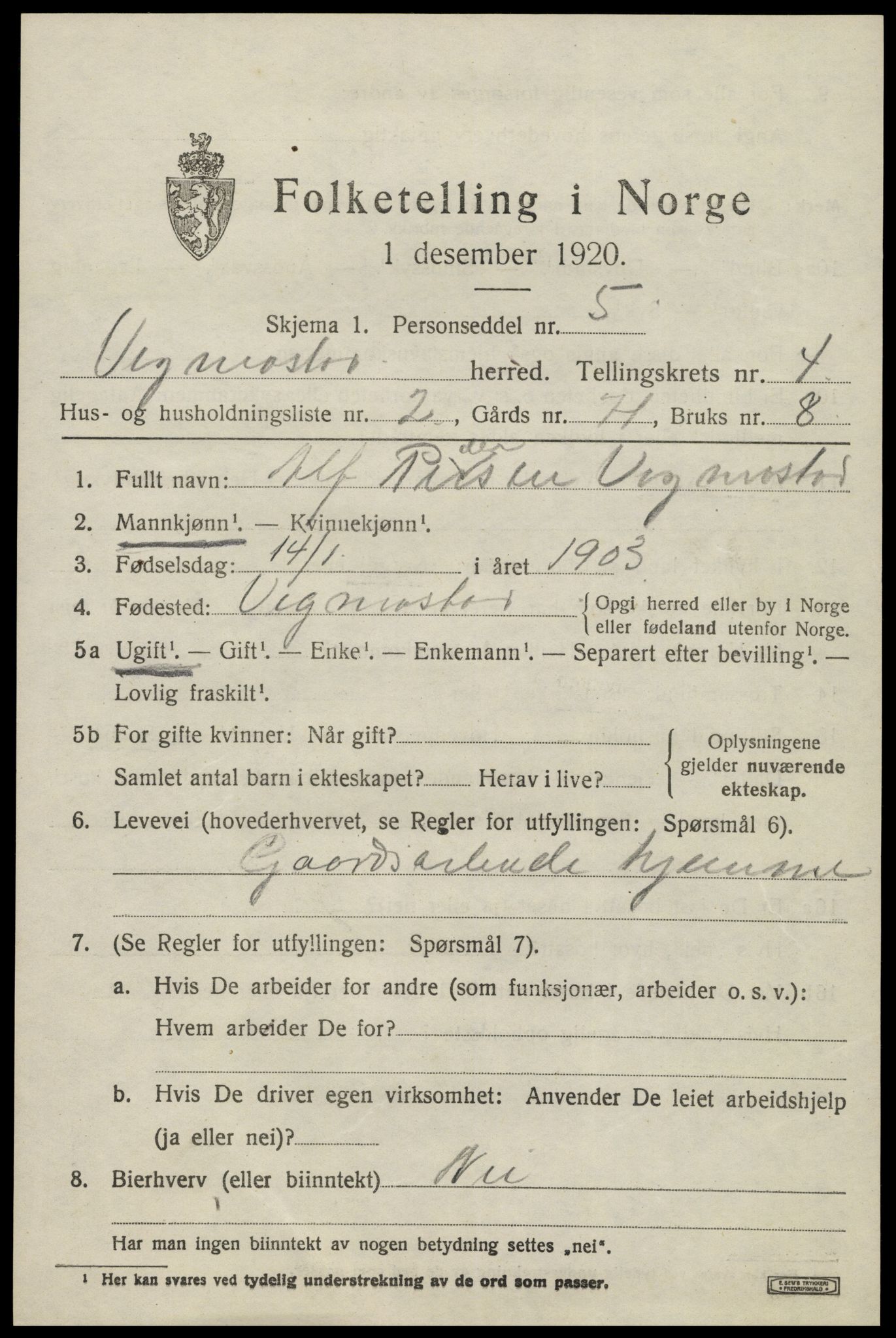 SAK, Folketelling 1920 for 1028 Vigmostad herred, 1920, s. 1221