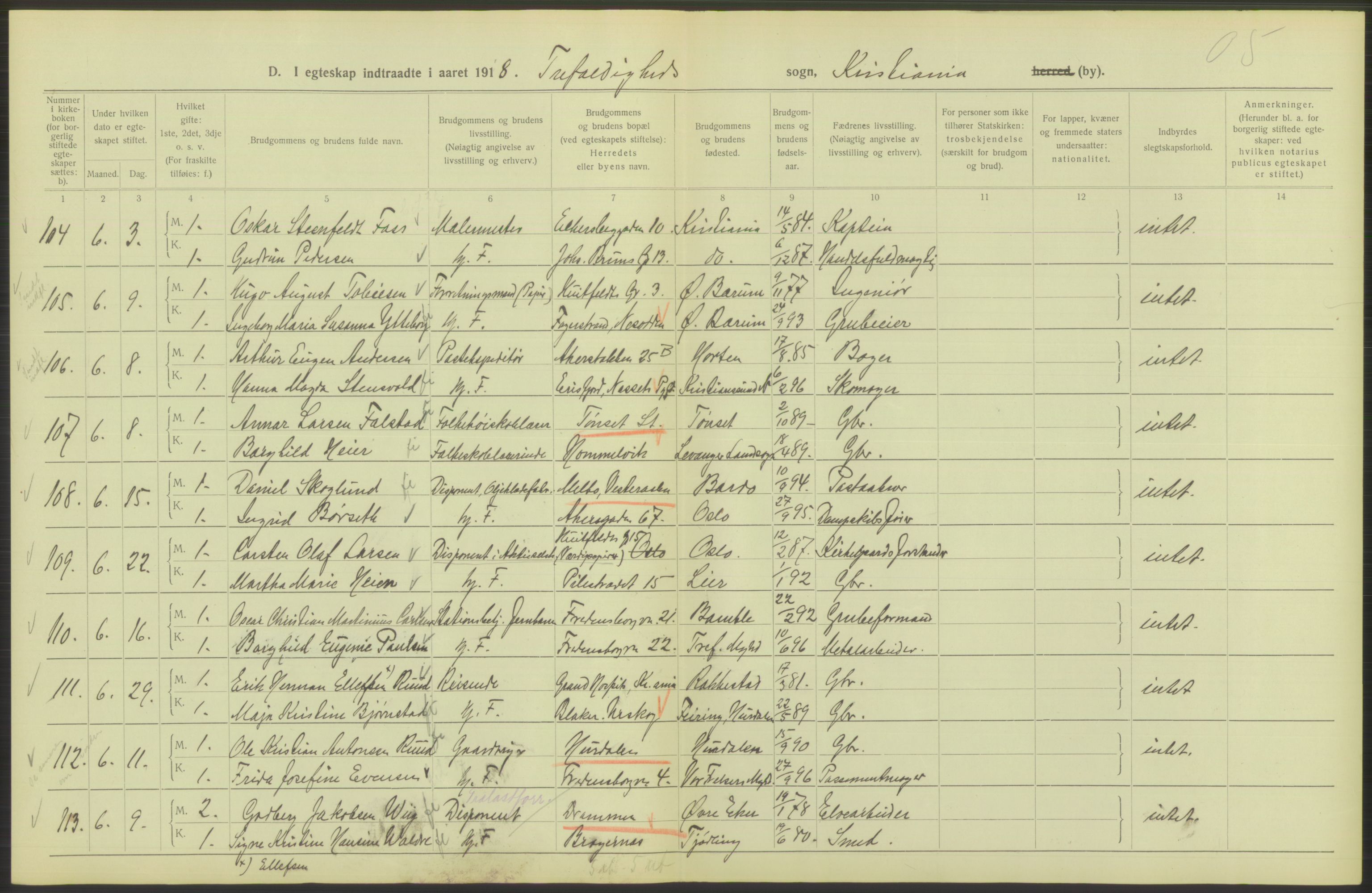 Statistisk sentralbyrå, Sosiodemografiske emner, Befolkning, AV/RA-S-2228/D/Df/Dfb/Dfbh/L0009: Kristiania: Gifte, 1918, s. 248