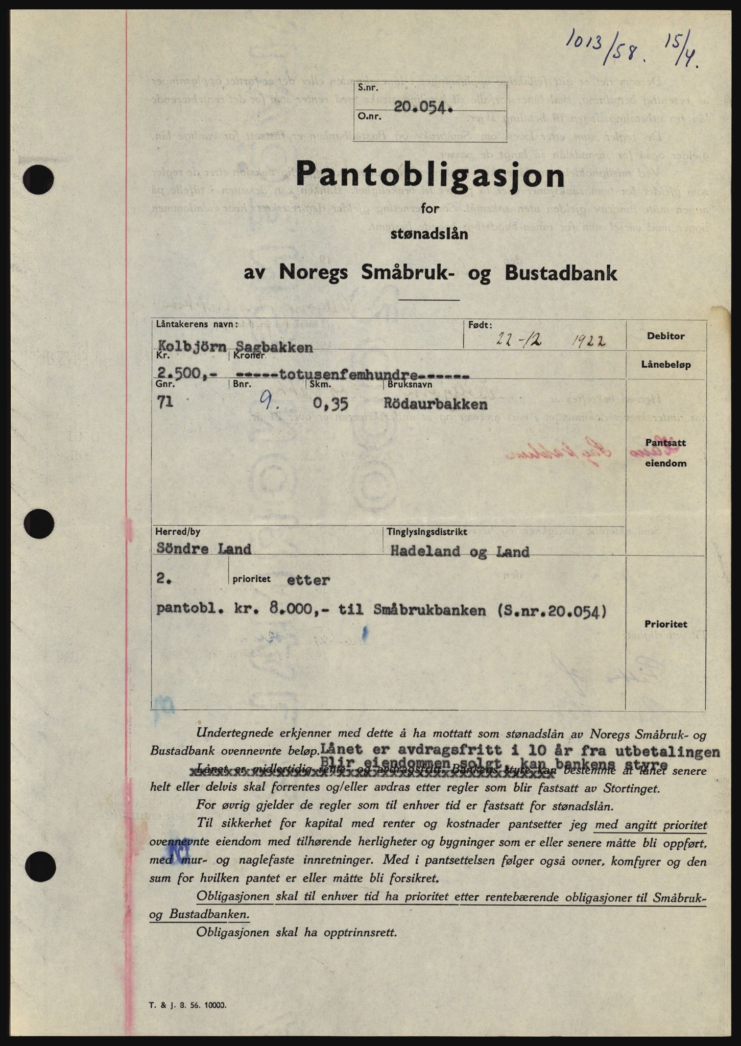 Hadeland og Land tingrett, SAH/TING-010/H/Hb/Hbc/L0038: Pantebok nr. B38, 1958-1958, Dagboknr: 1013/1958