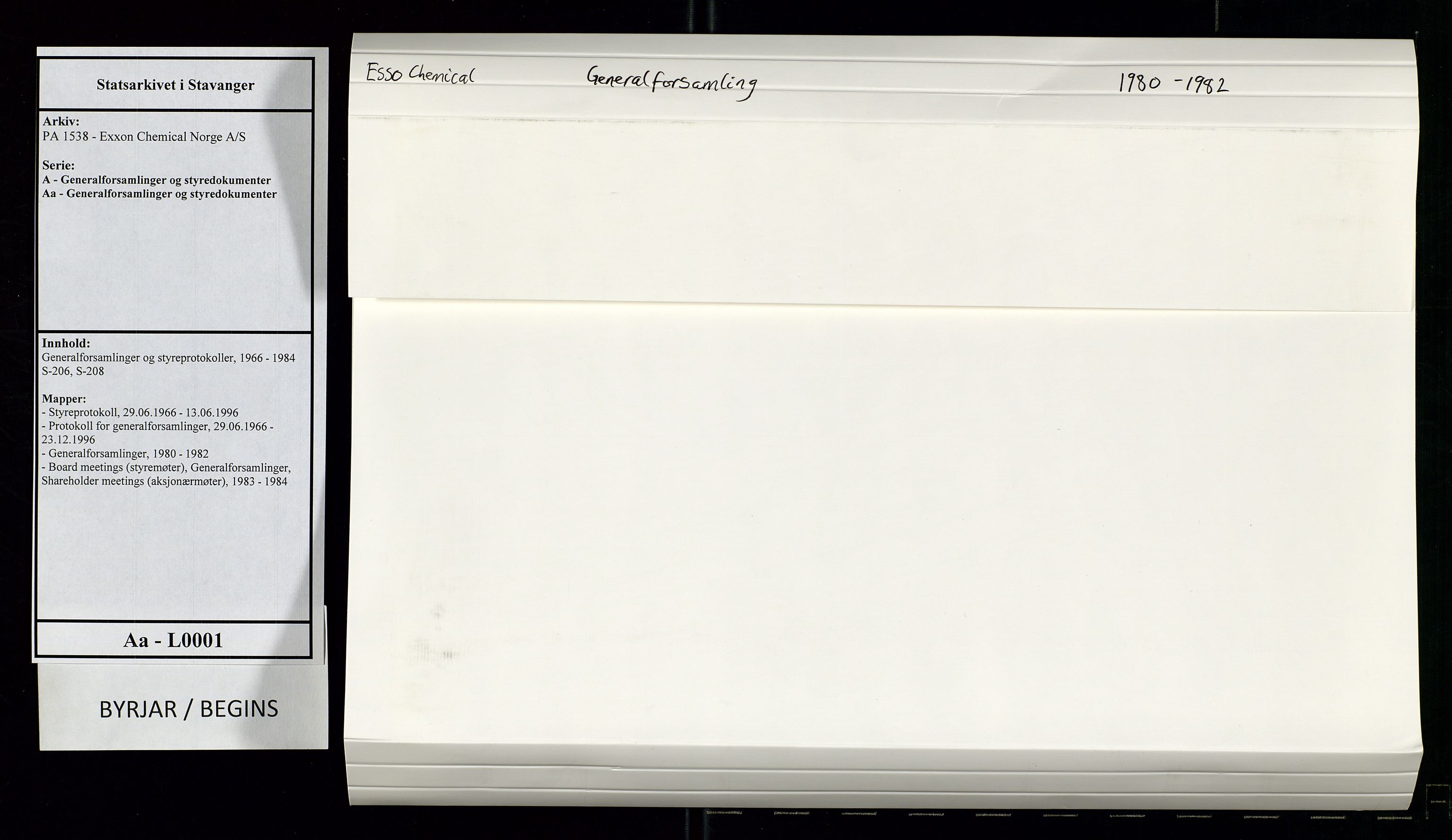 PA 1538 - Exxon Chemical Norge A/S, AV/SAST-A-101958/A/Aa/L0001/0003: Generalforsamlinger og styreprotokoller / Generalforsamlinger, 1980-1982