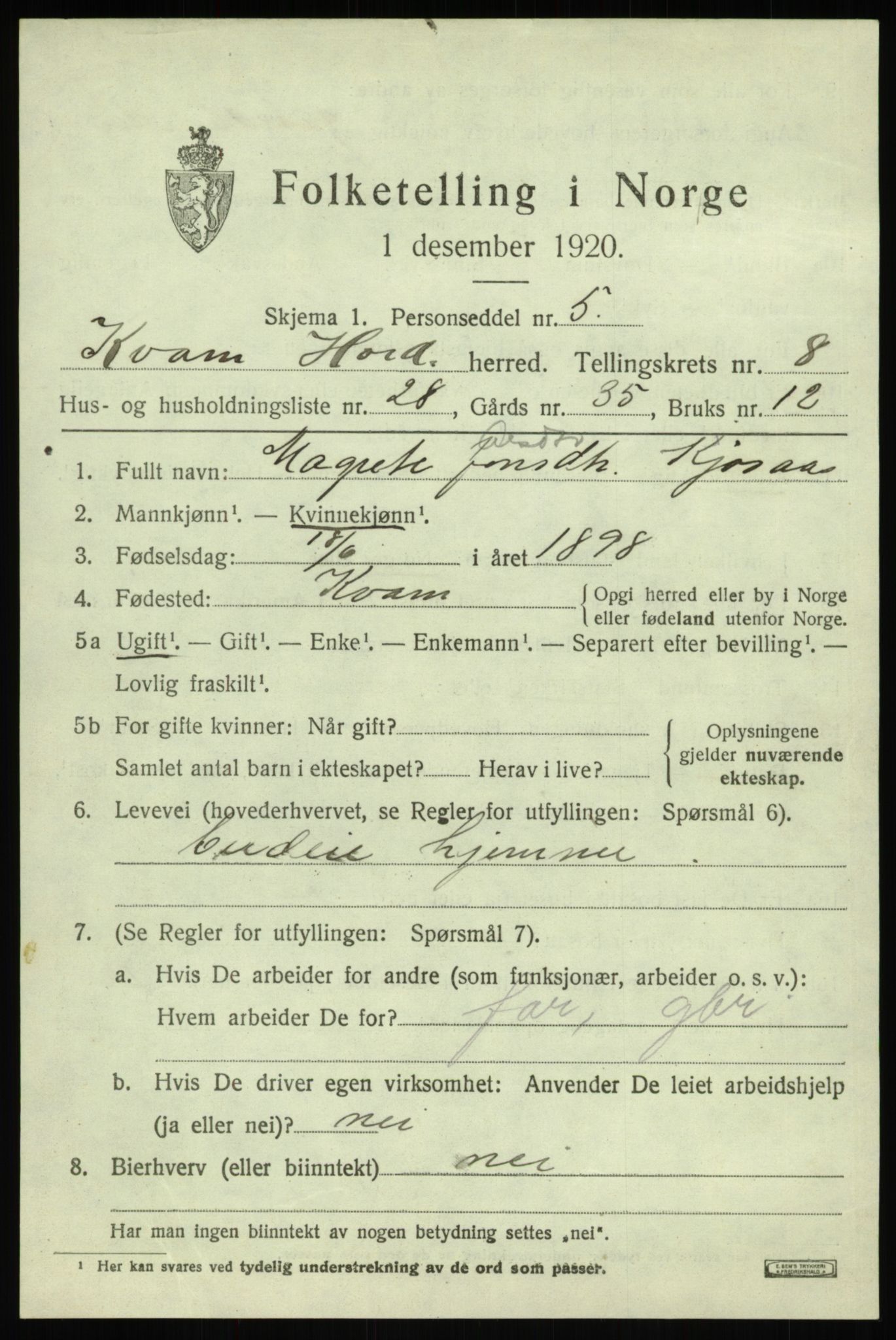 SAB, Folketelling 1920 for 1238 Kvam herred, 1920, s. 5401
