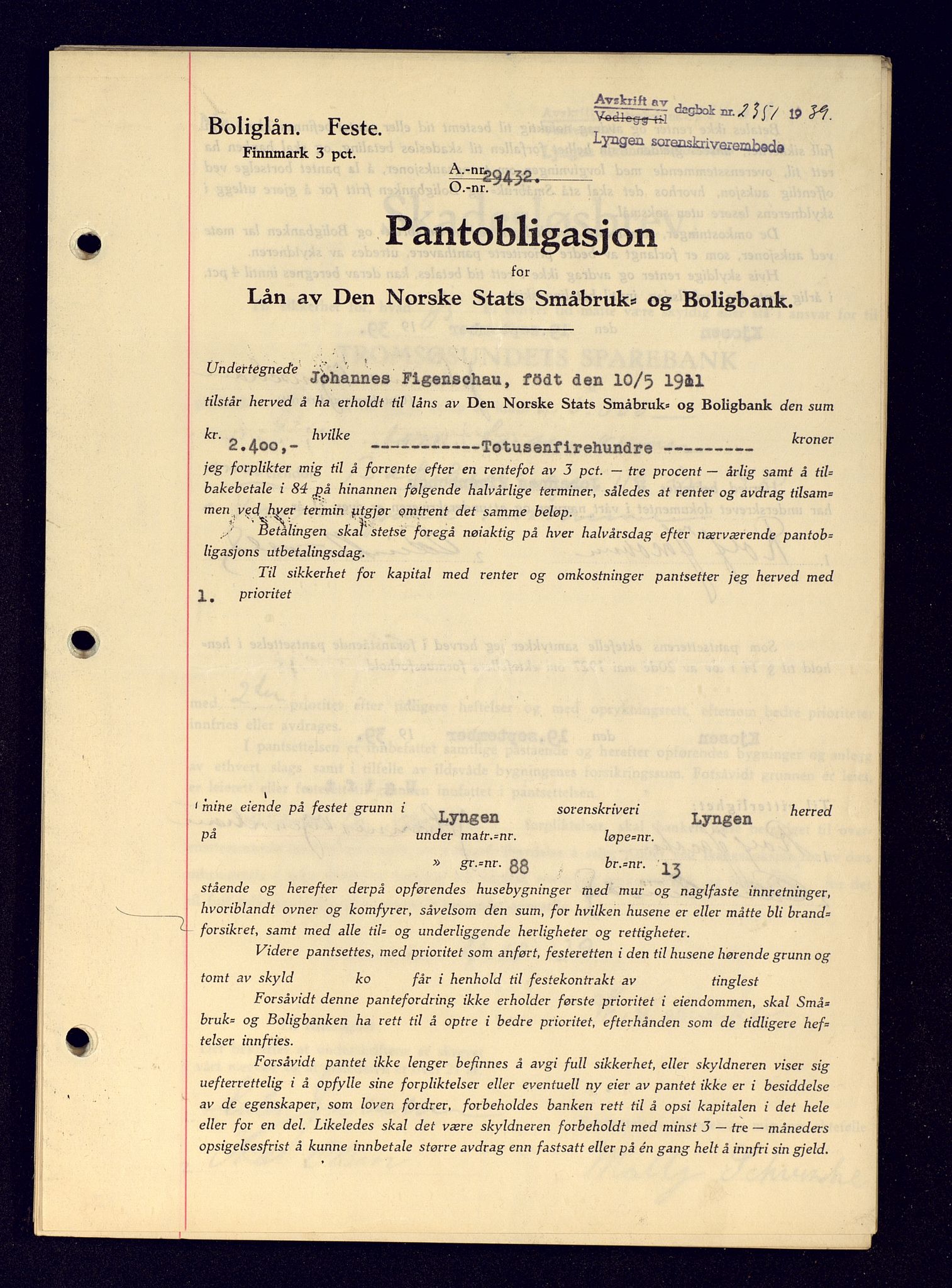 Lyngen sorenskriveri, AV/SATØ-SATØ-0052/1/G/Gf/L0001: Pantebok nr. B 25-31, 1936-1942, Dagboknr: 2351/1939