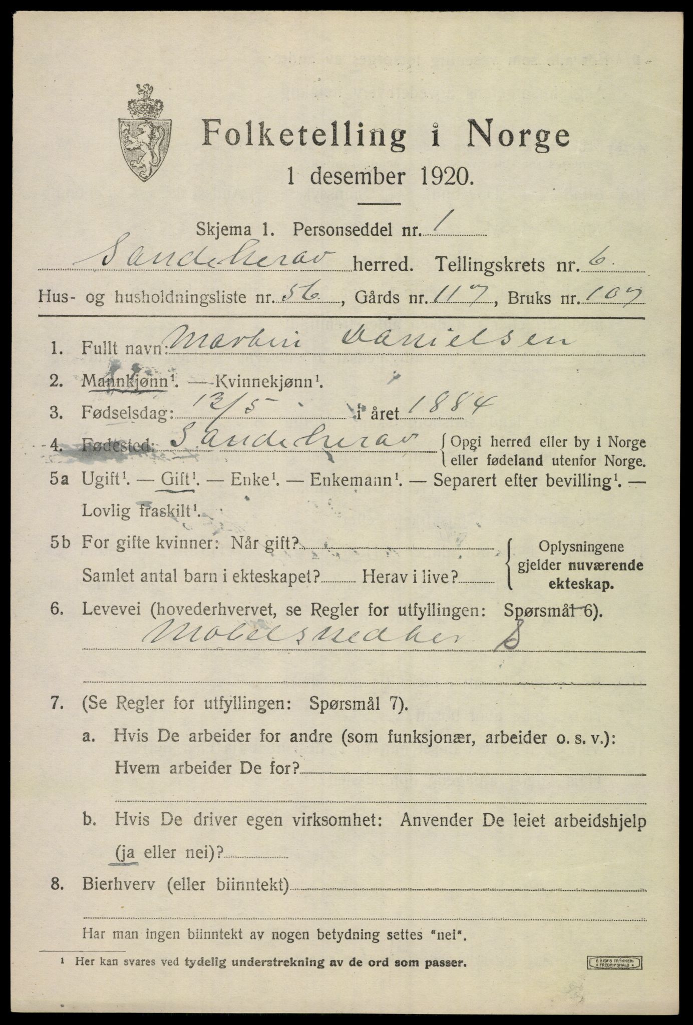 SAKO, Folketelling 1920 for 0724 Sandeherred herred, 1920, s. 10310