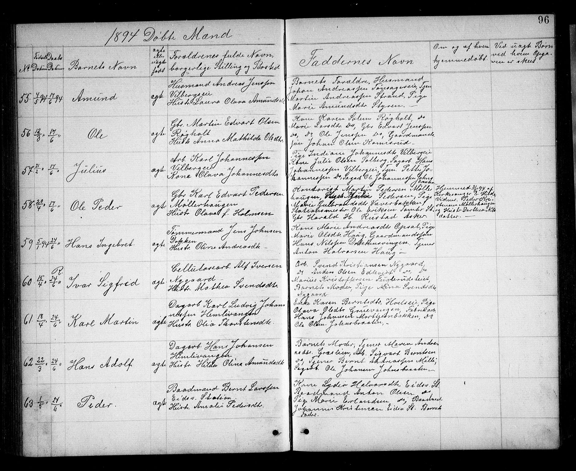 Eidsvoll prestekontor Kirkebøker, AV/SAO-A-10888/G/Ga/L0005: Klokkerbok nr. I 5, 1884-1894, s. 96
