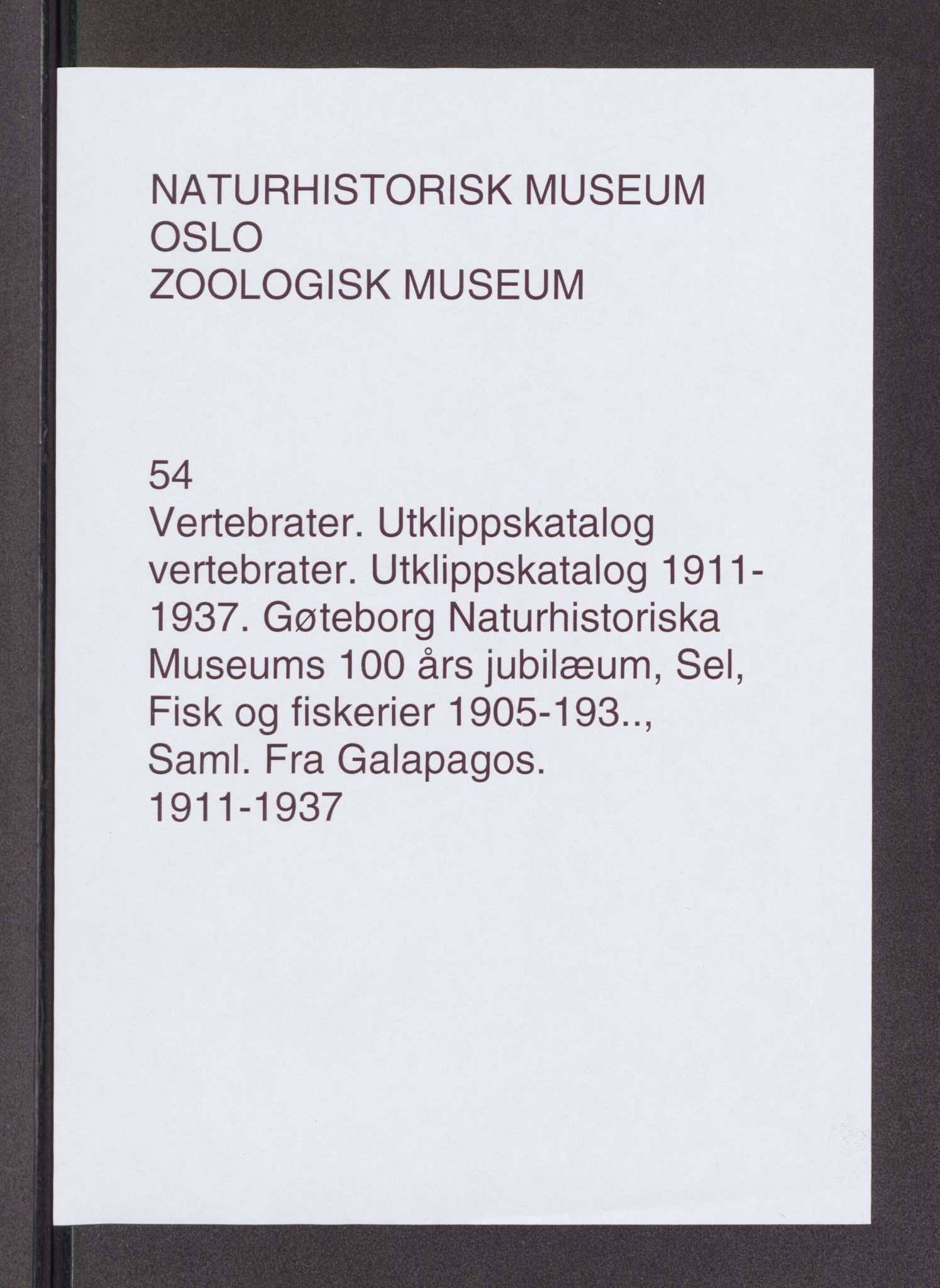 Naturhistorisk museum (Oslo), NHMO/-/5, 1911-1937