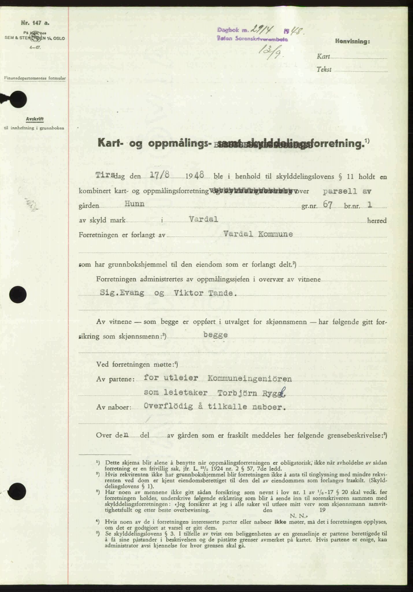 Toten tingrett, SAH/TING-006/H/Hb/Hbc/L0020: Pantebok nr. Hbc-20, 1948-1948, Dagboknr: 2914/1948