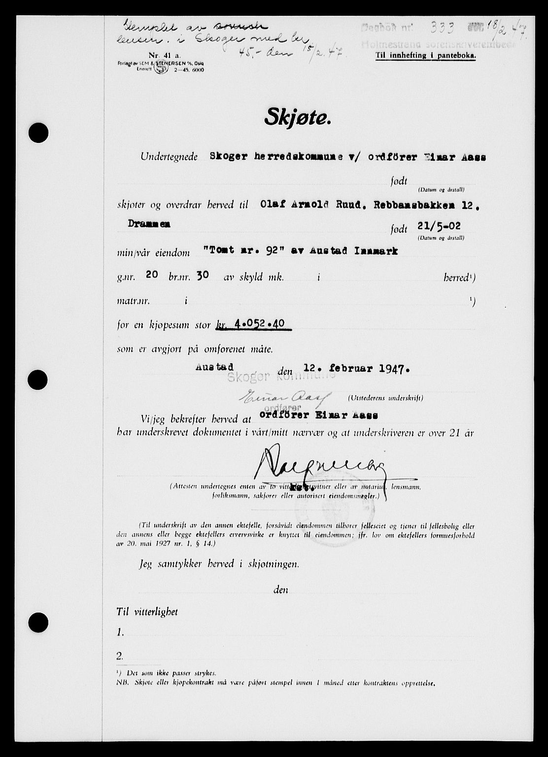 Holmestrand sorenskriveri, SAKO/A-67/G/Ga/Gaa/L0061: Pantebok nr. A-61, 1946-1947, Dagboknr: 333/1947
