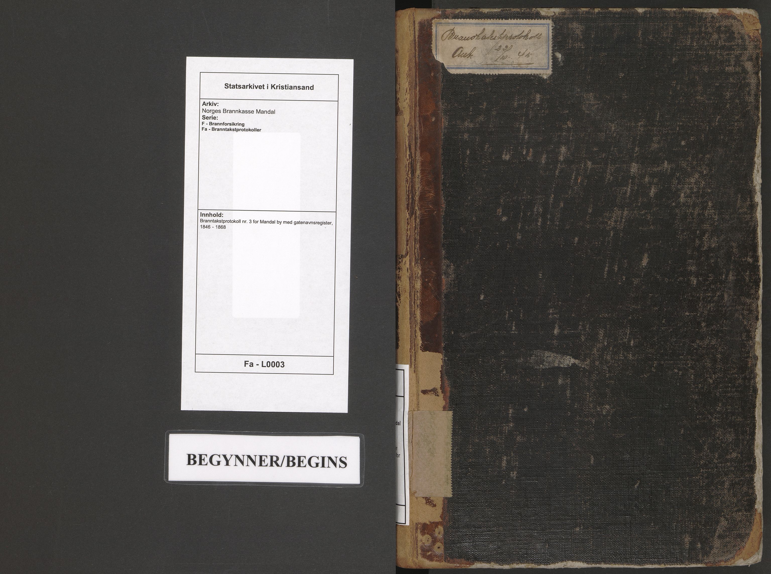 Norges Brannkasse Mandal, AV/SAK-2241-0037/F/Fa/L0003: Branntakstprotokoll nr. 3 for Mandal by med gatenavnsregister, 1846-1868