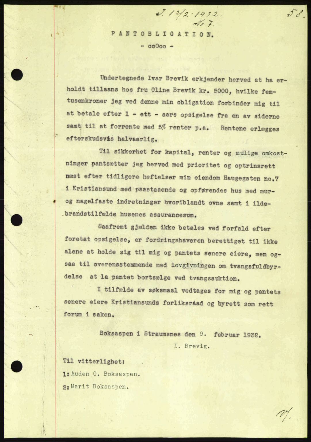 Kristiansund byfogd, SAT/A-4587/A/27: Pantebok nr. 26, 1931-1933, Tingl.dato: 12.02.1932