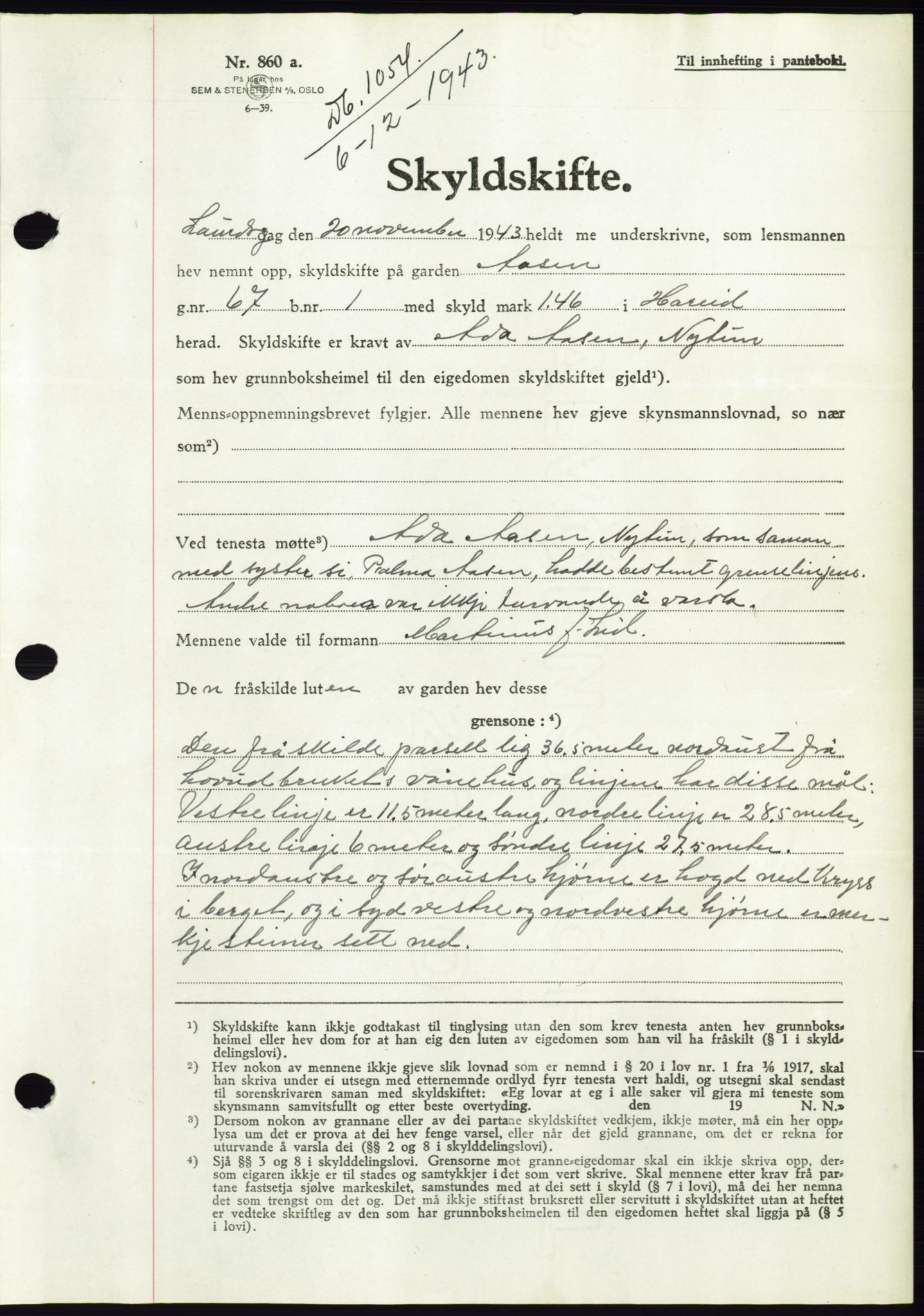 Søre Sunnmøre sorenskriveri, AV/SAT-A-4122/1/2/2C/L0075: Pantebok nr. 1A, 1943-1943, Dagboknr: 1054/1943