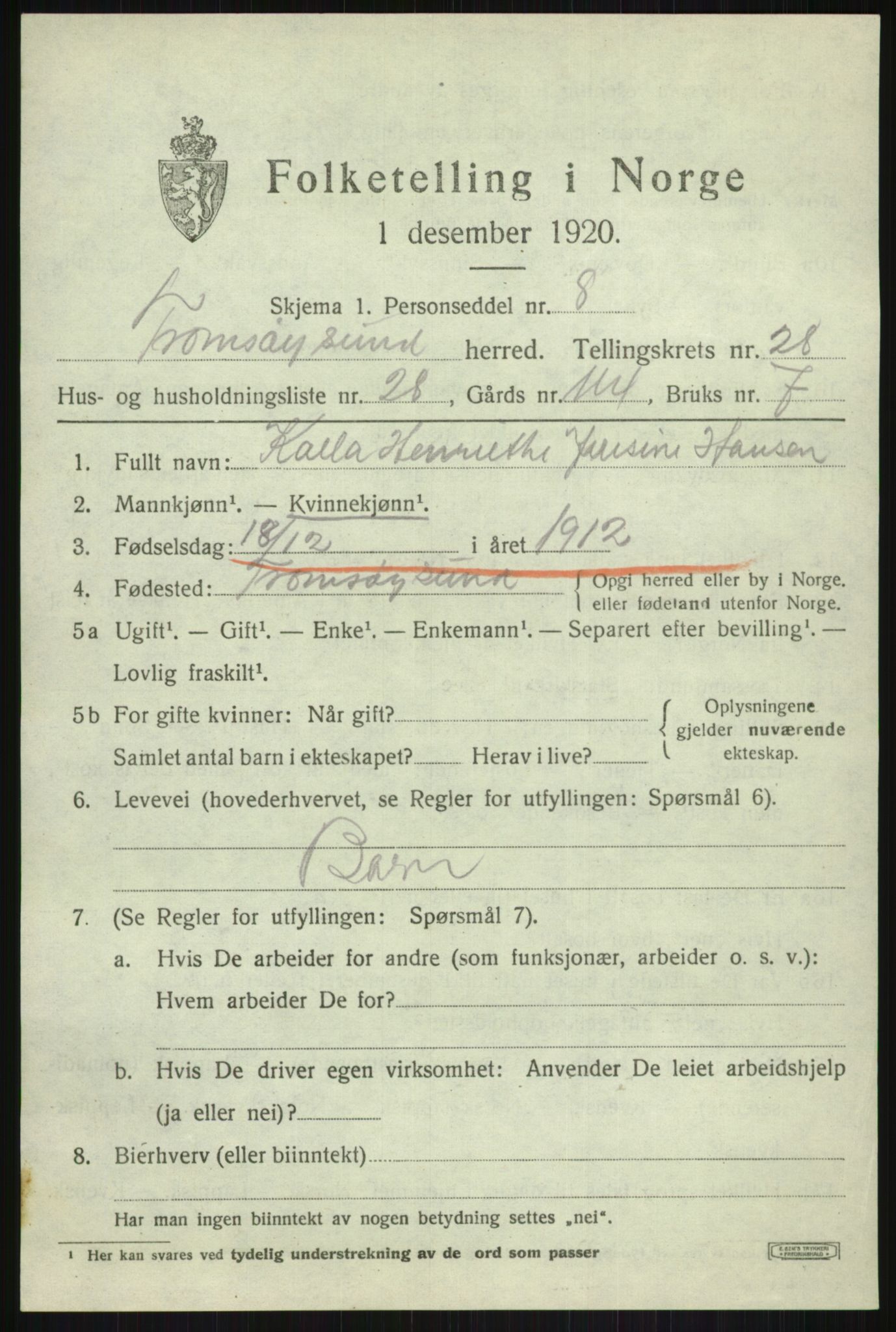 SATØ, Folketelling 1920 for 1934 Tromsøysund herred, 1920, s. 13116