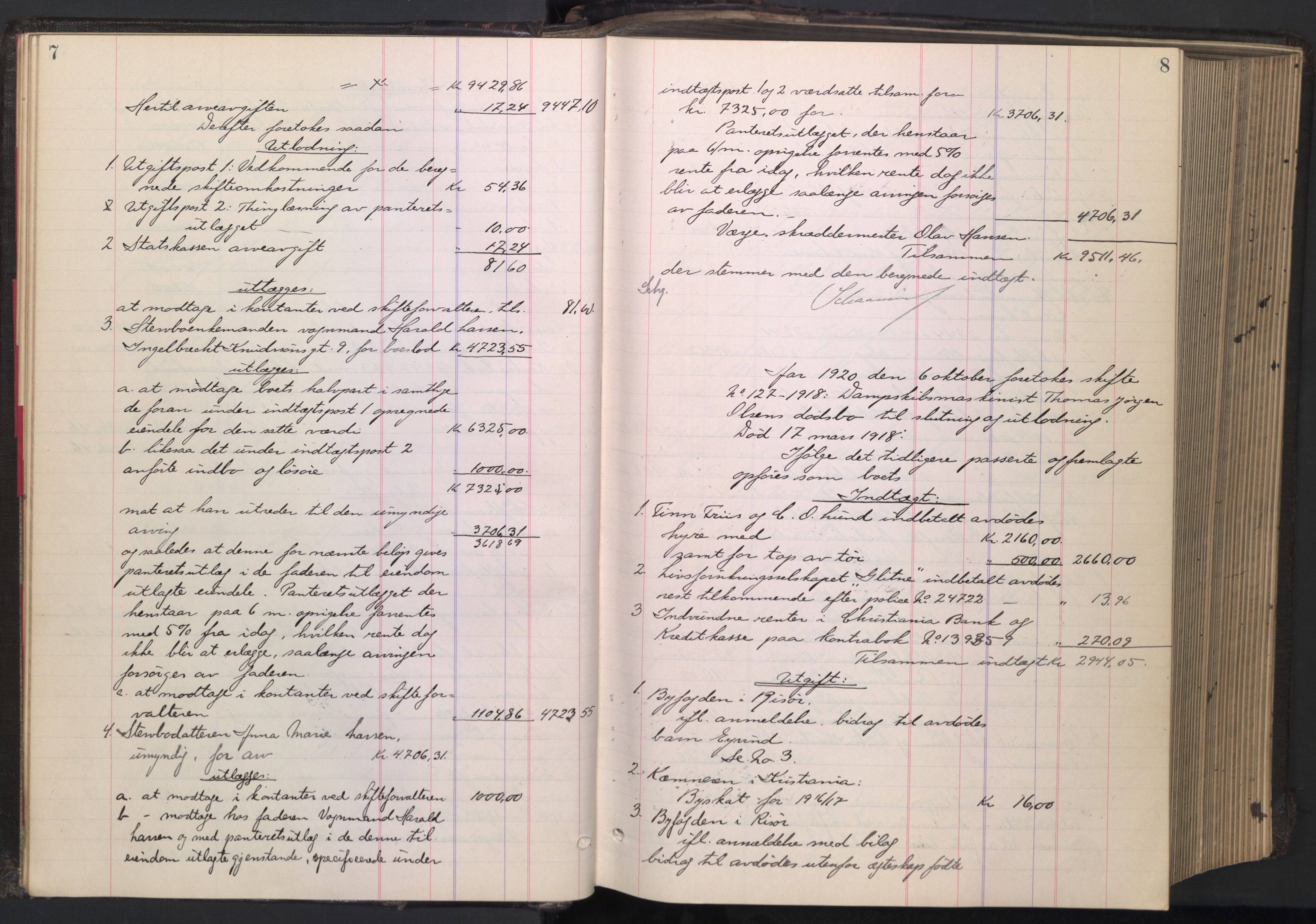Oslo skifterett, SAO/A-10383/H/Hd/Hdb/L0014: Skifteutlodningsprotokoll, 1920-1922, s. 7-8