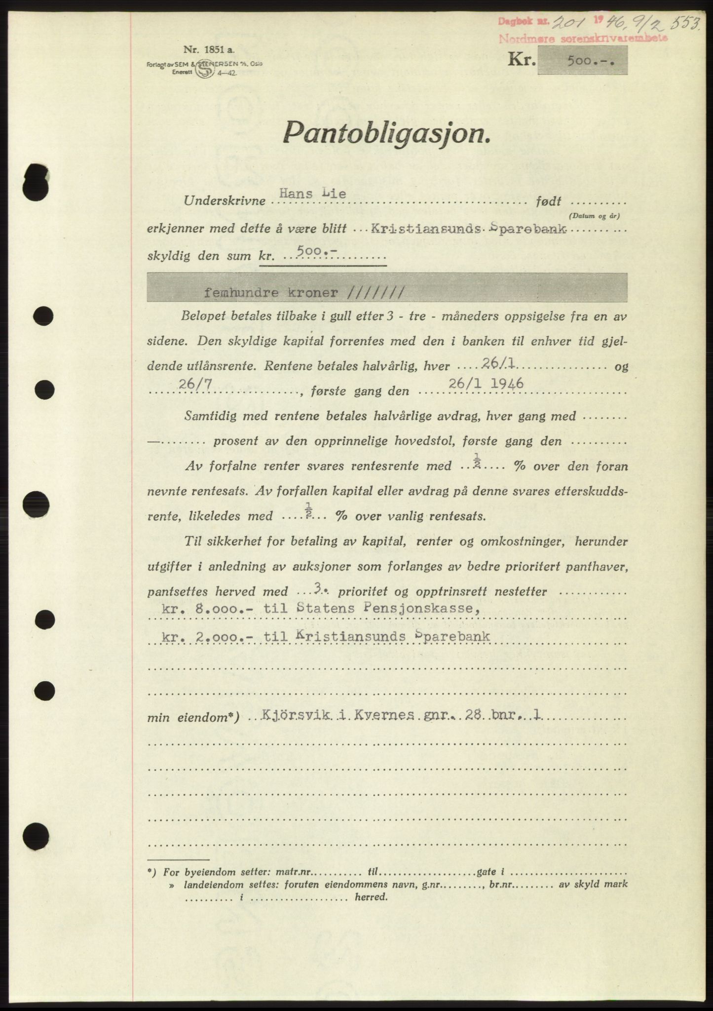 Nordmøre sorenskriveri, SAT/A-4132/1/2/2Ca: Pantebok nr. B93b, 1946-1946, Dagboknr: 201/1946