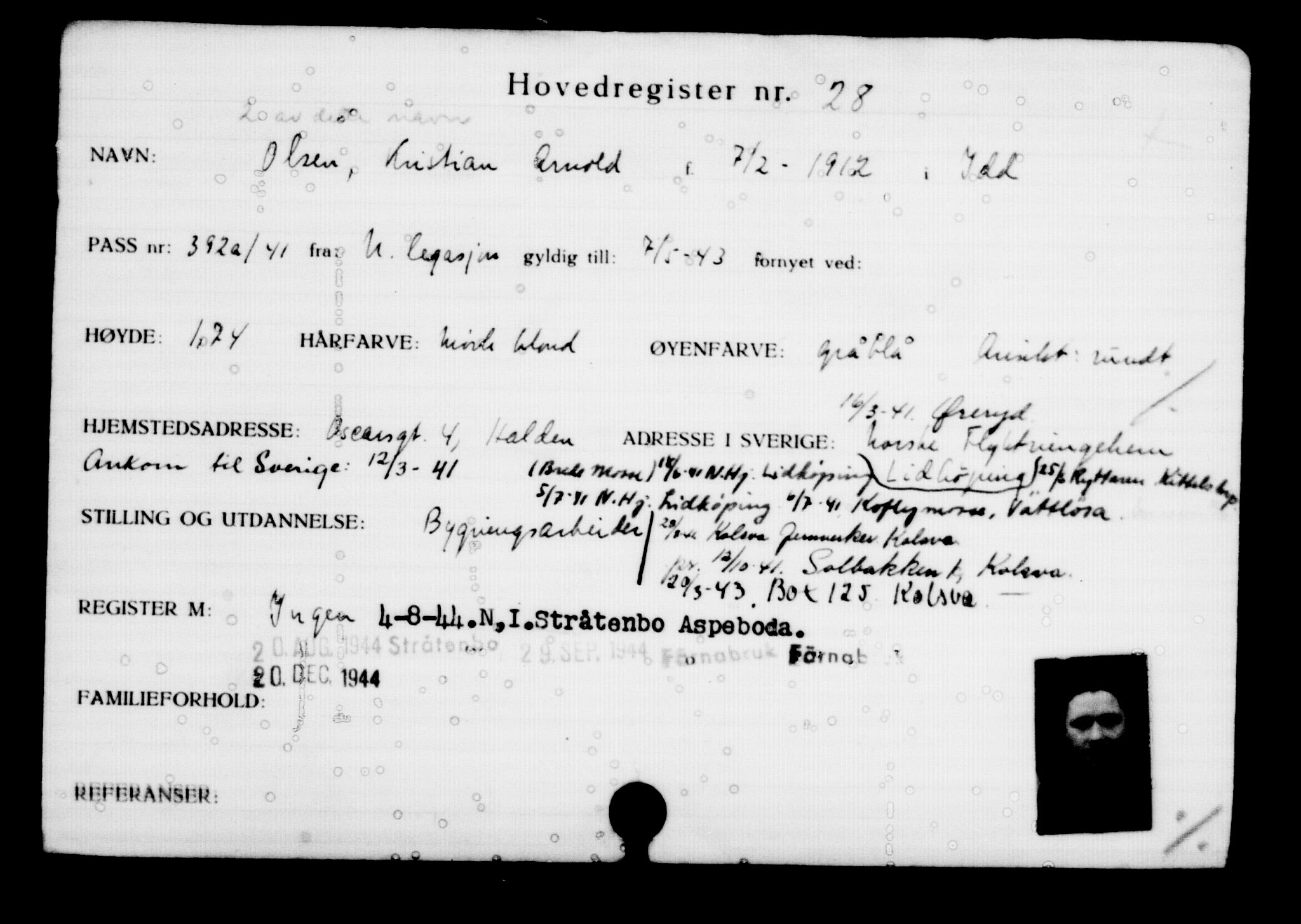 Utenriksstasjonene, Legasjonen i Stockholm, Flyktningkontoret, AV/RA-S-6753/V/Va/L0001: Kjesäterkartoteket, flyktninger med registreringsnr. 1-1000, 1940-1945, s. 45