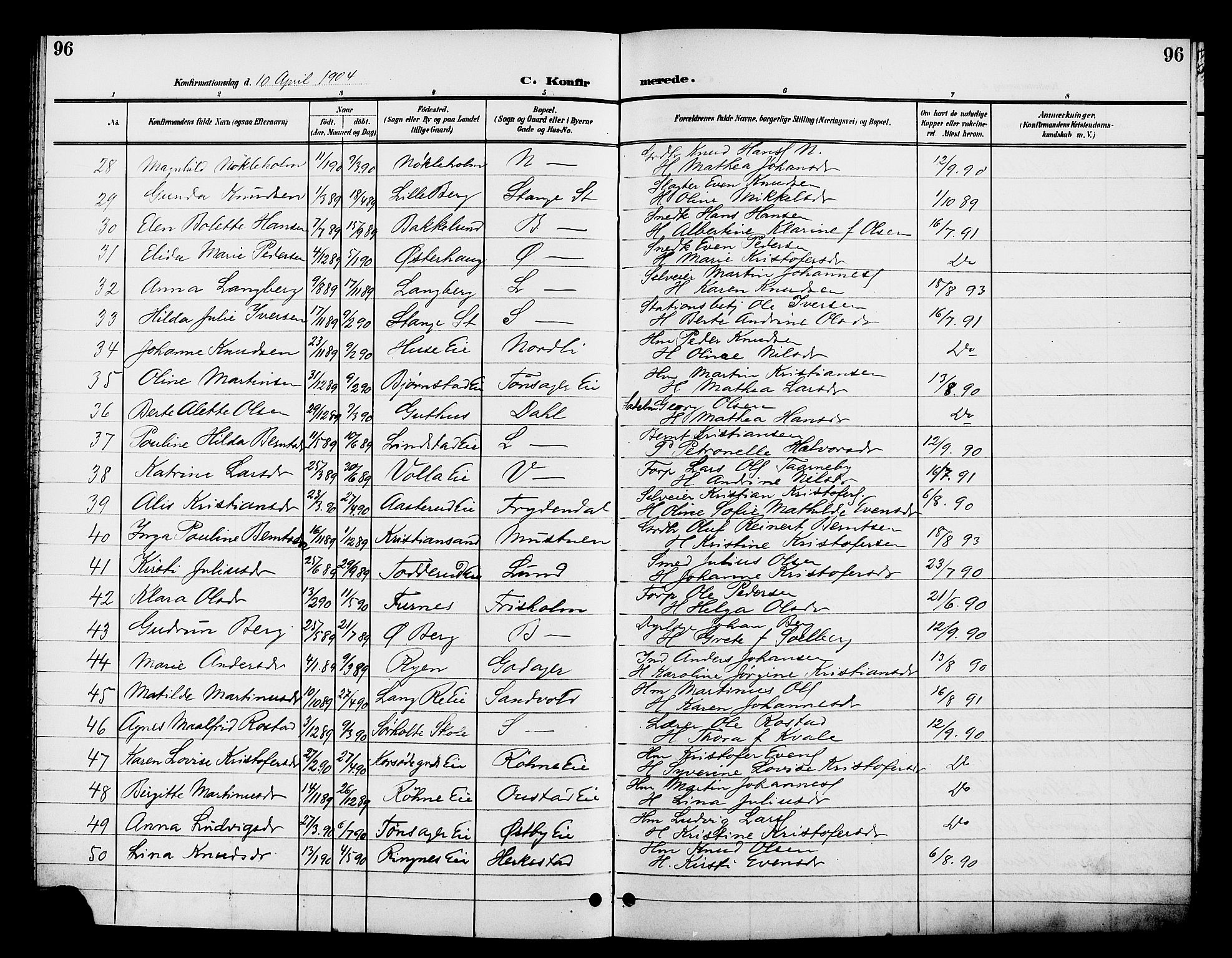 Stange prestekontor, AV/SAH-PREST-002/L/L0012: Klokkerbok nr. 12, 1900-1908, s. 96